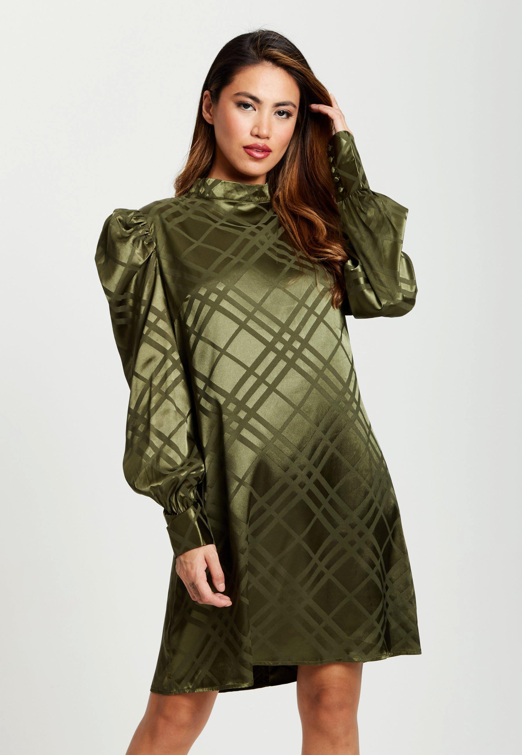 Check Jacquard Mini Dress With High Neck & Puff Sleeve Details In Khaki
