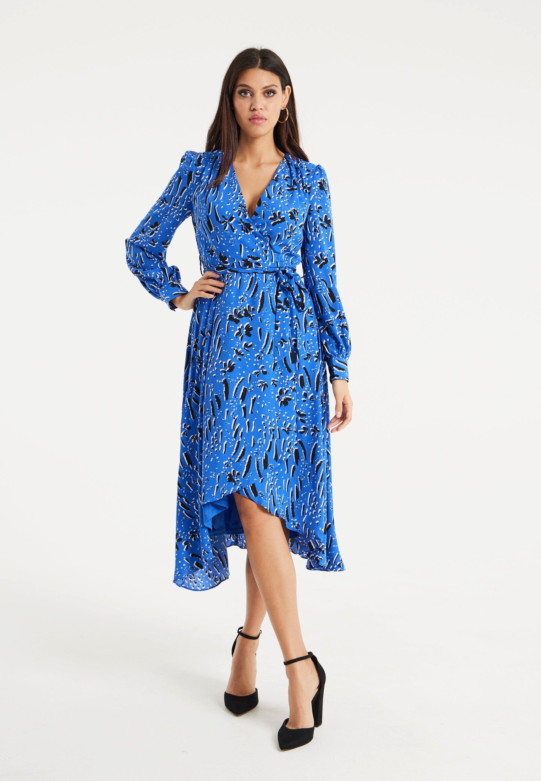 Painterly Floral Print Midi Dress In Blue
