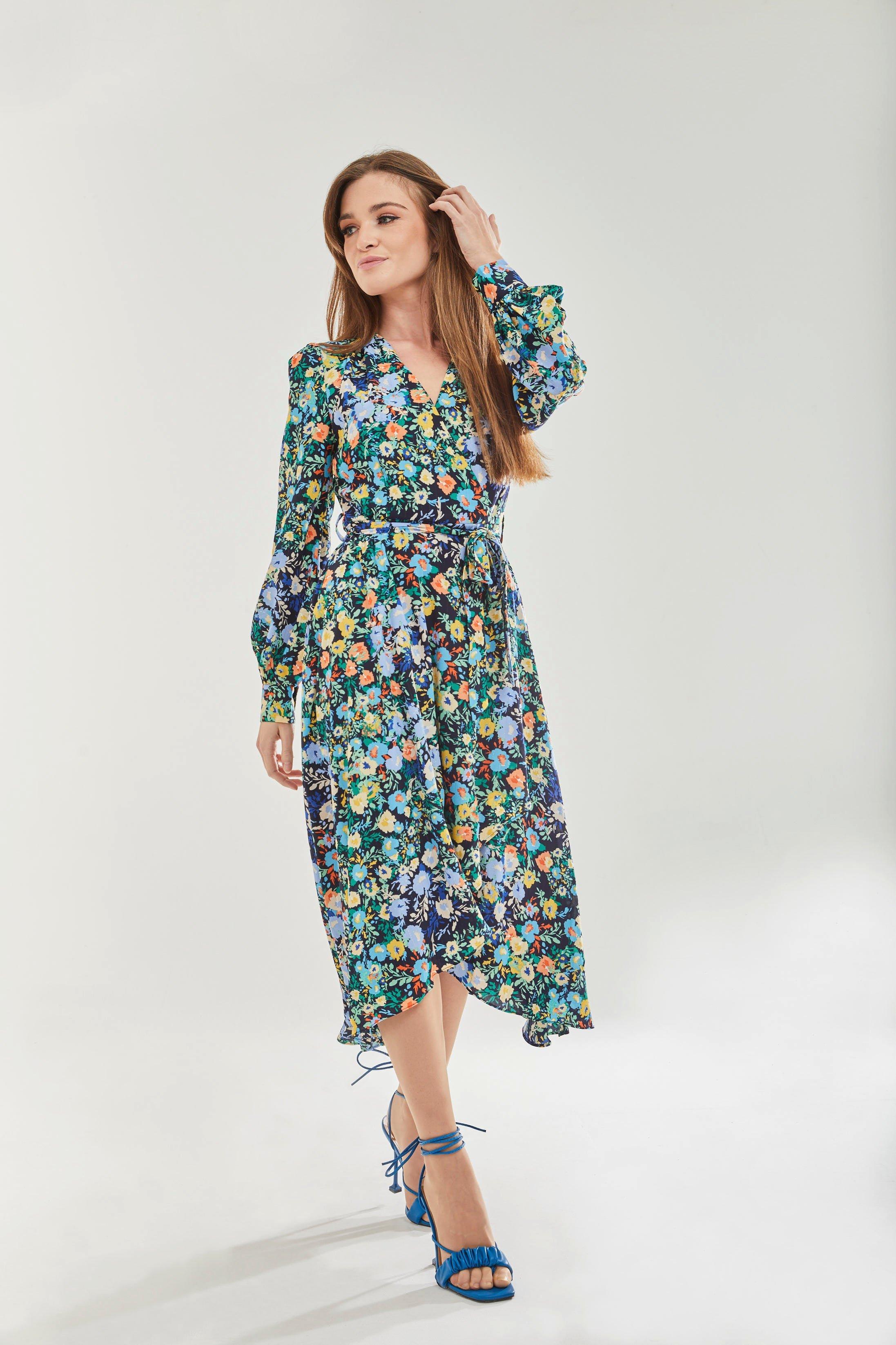Floral Print Midi Wrap Dress In Multicolour