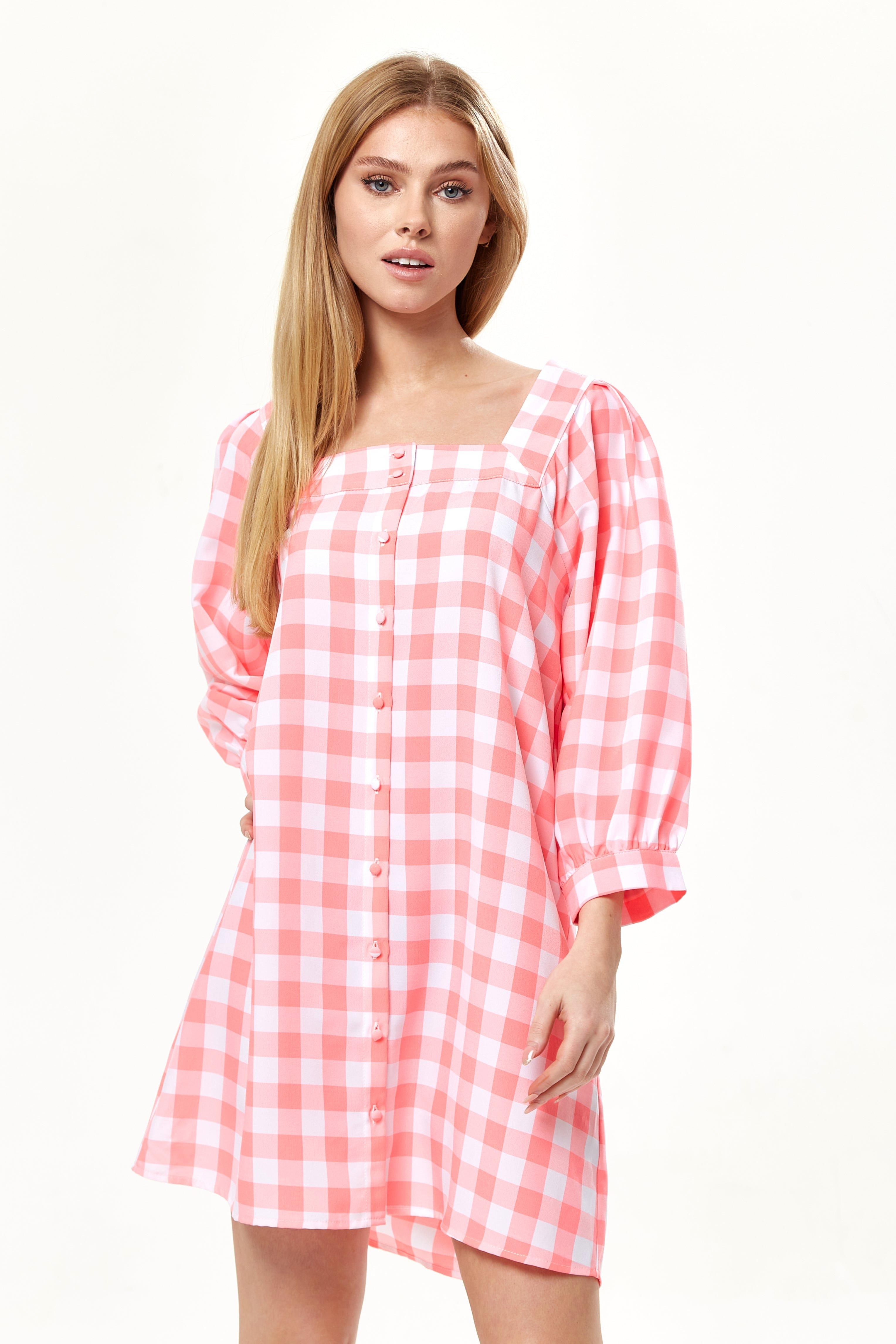 Pink Gingham Puff Sleeve Dress