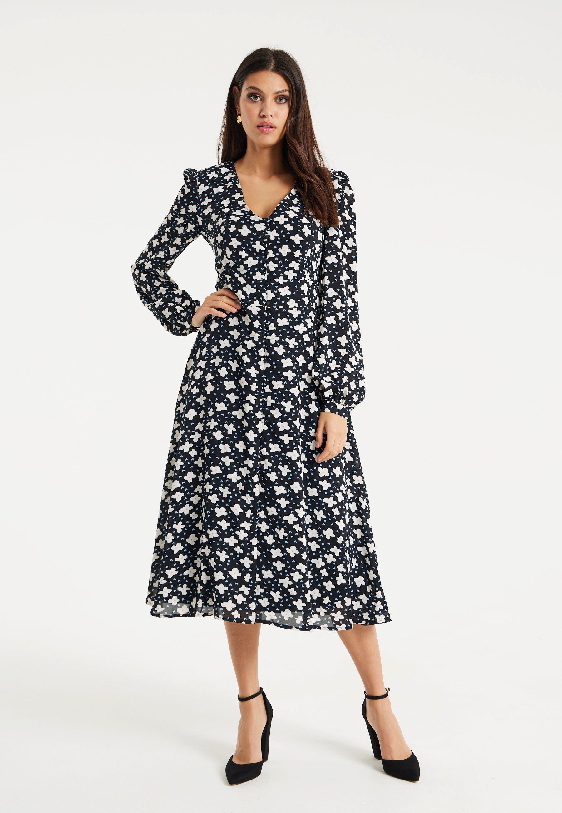 Floral And Heart Print Midi Dress In Black