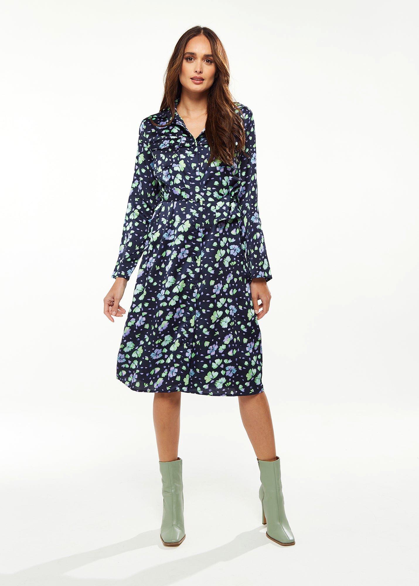 Floral Print Shirt Dress In Multicolour & Navy