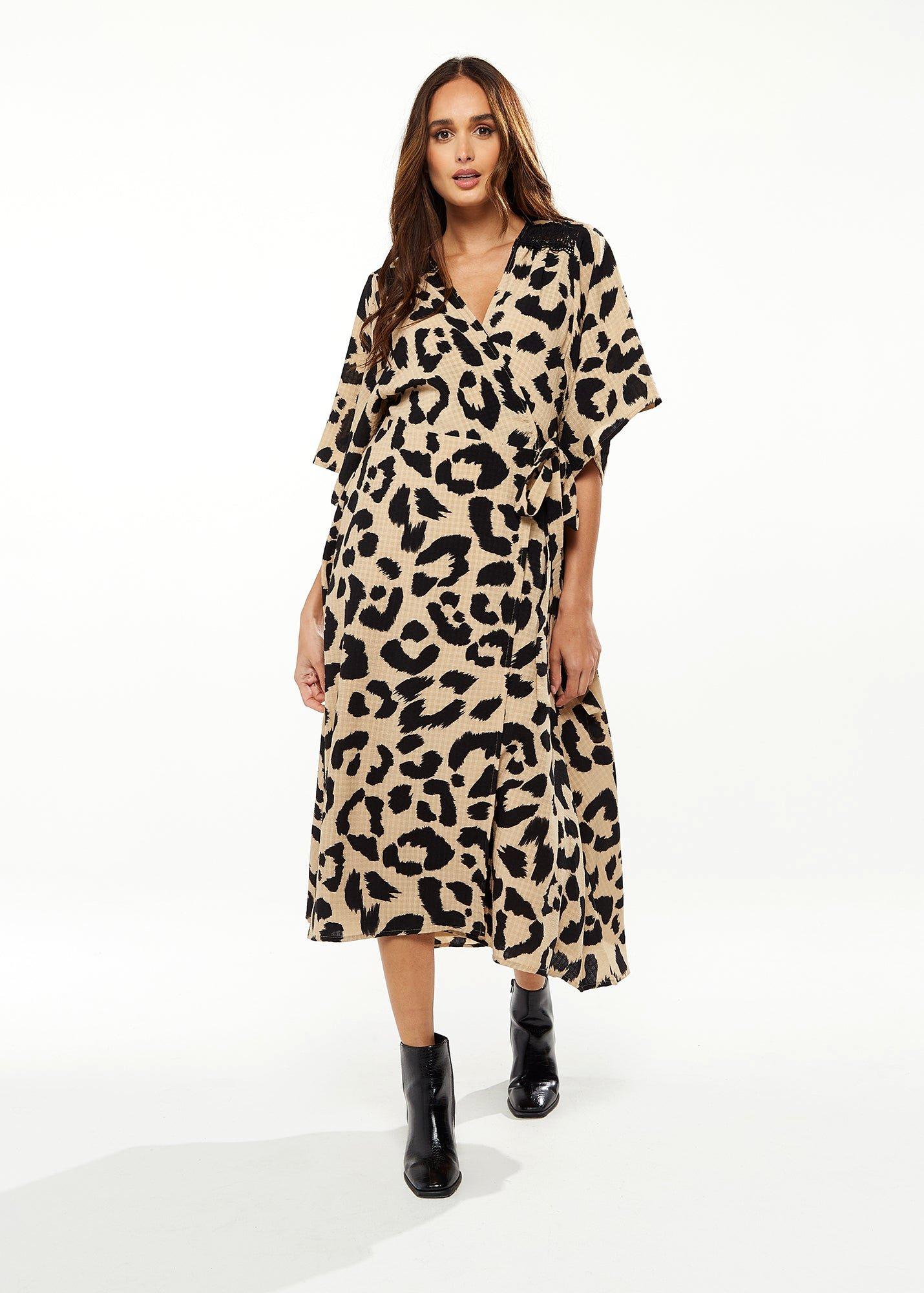 Animal Print Maxi Wrap Dress With Kimono Sleeves In Cream