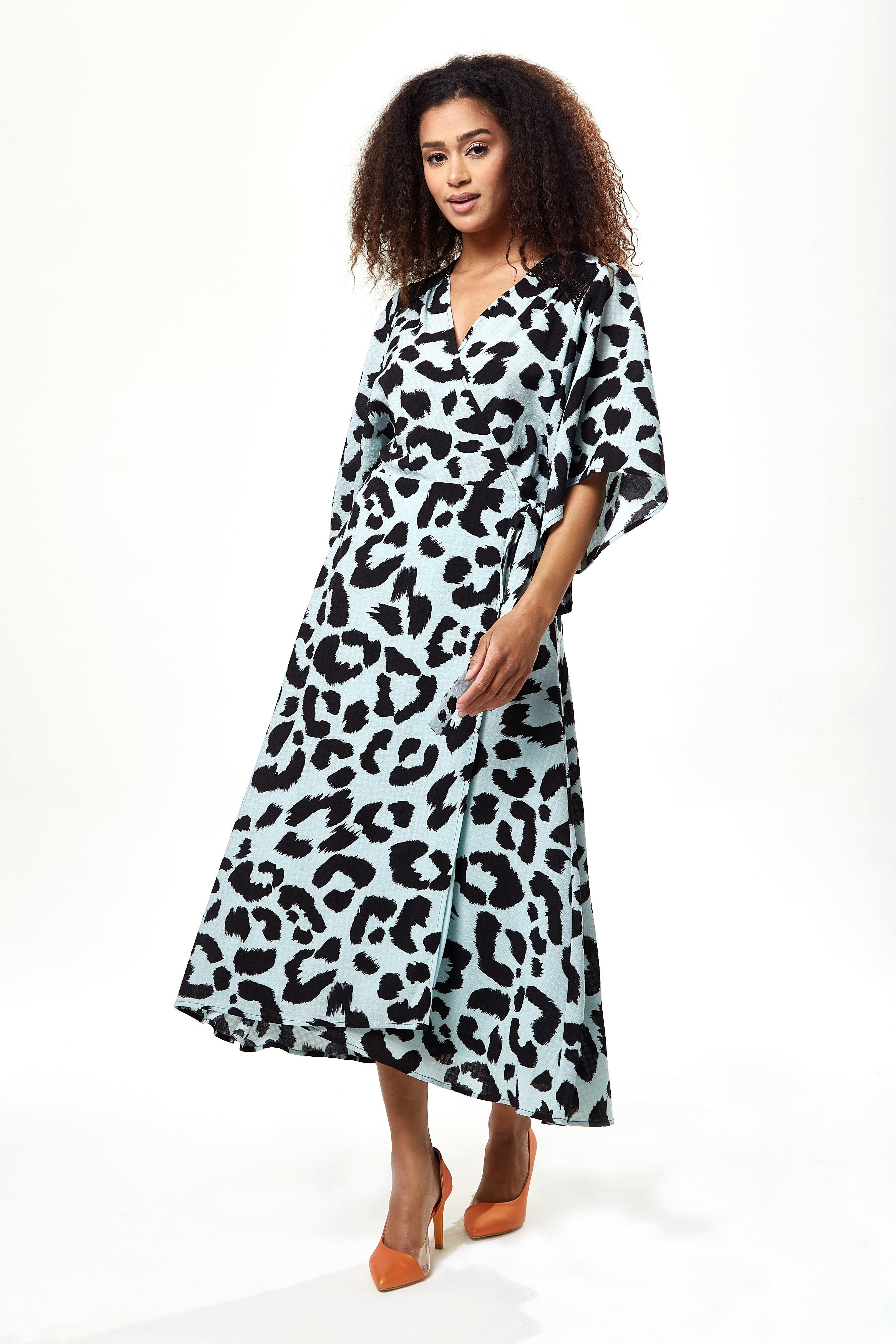 Animal Print Maxi Wrap Dress With Kimono Sleeves In Blue