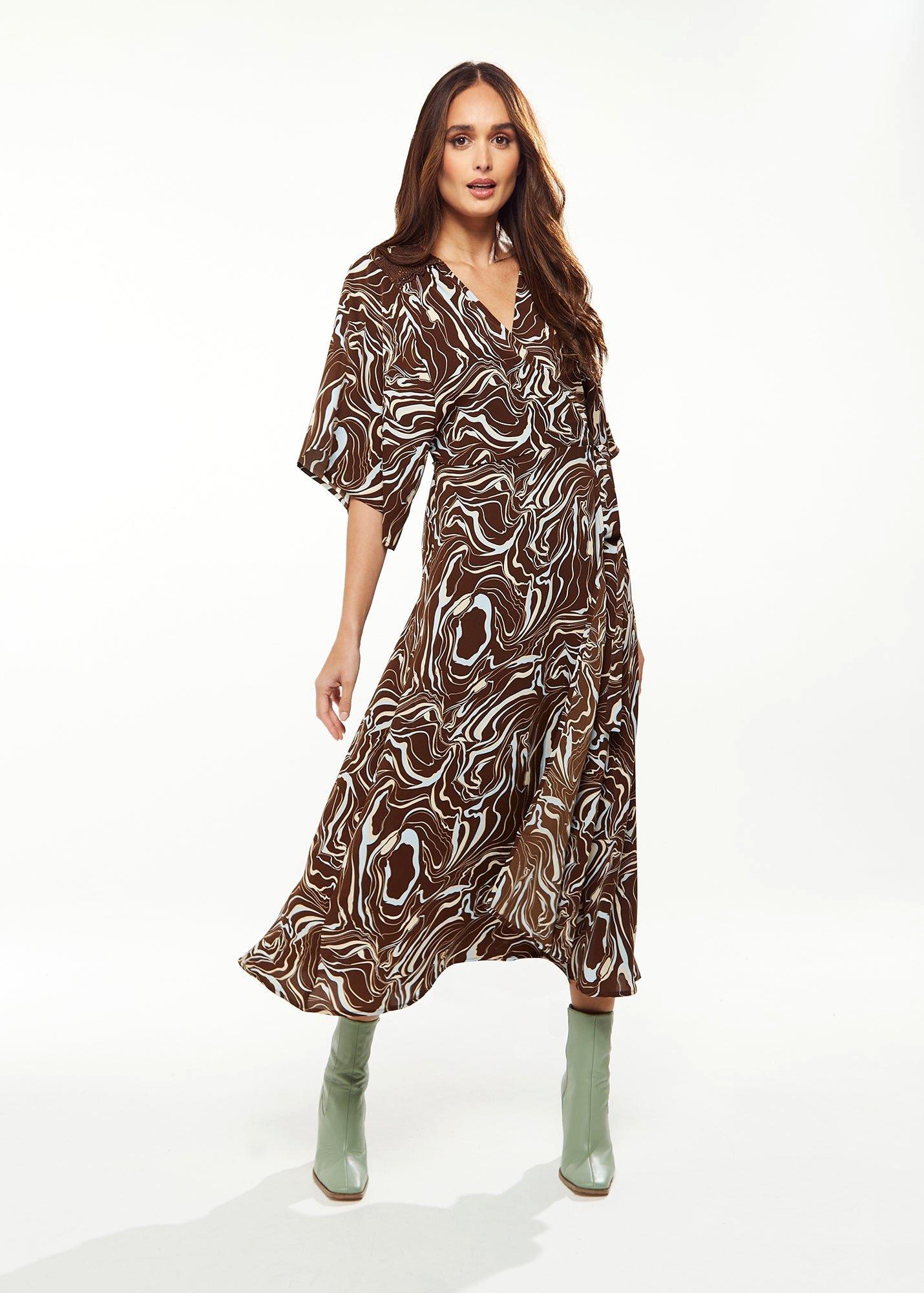 Scribble Print Maxi Wrap Dress With Kimono Sleeves In Brown