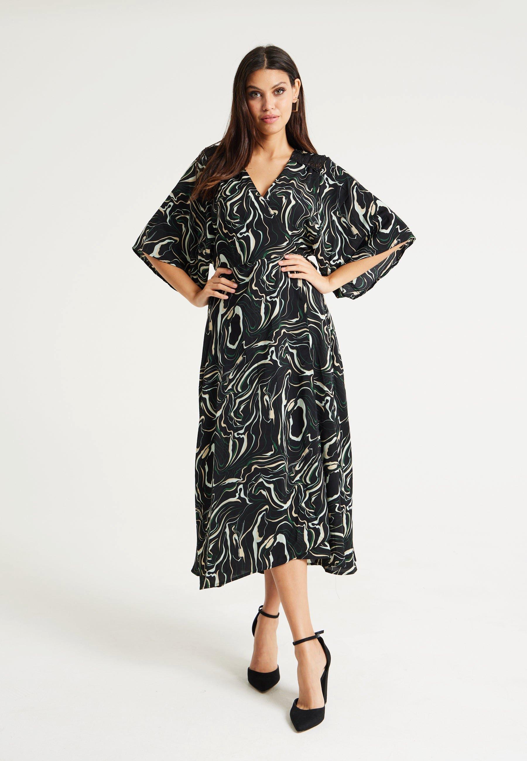 Scribble Print Maxi Wrap Dress With Kimono Sleeves In Black