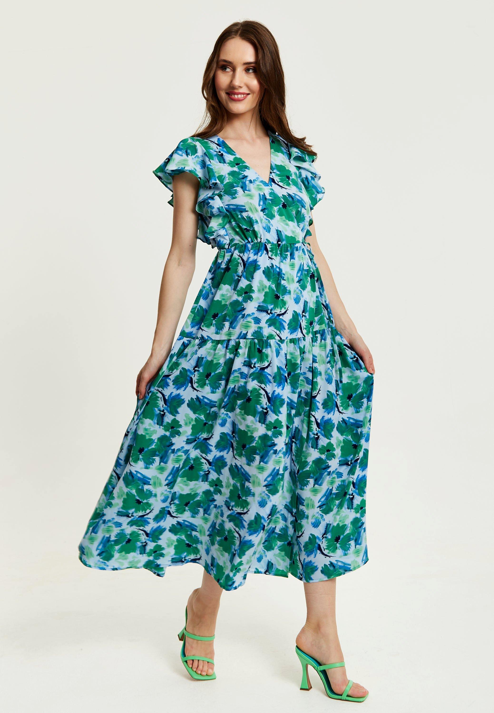 Floral Maxi Wrap Dress In Green And Blue
