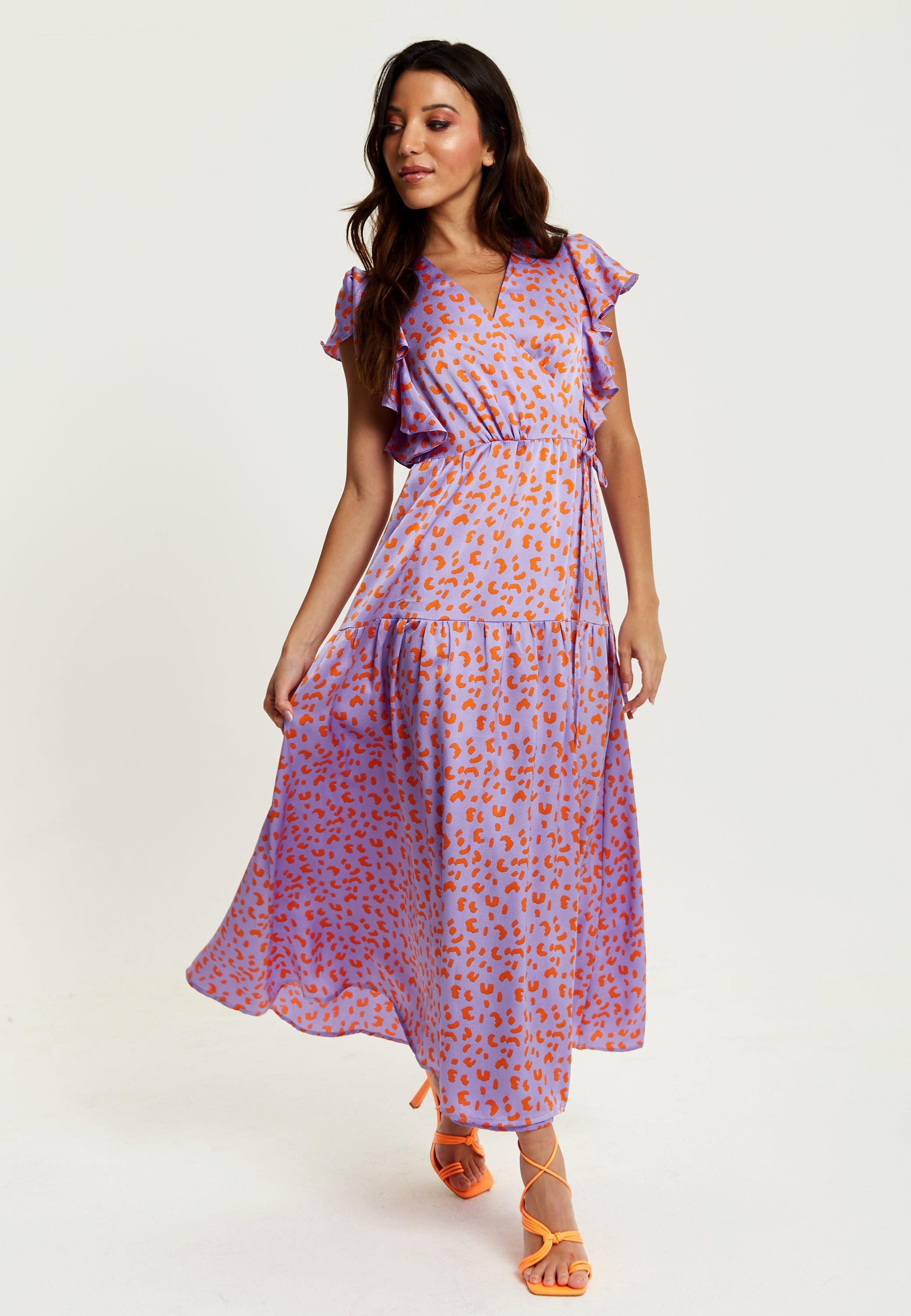 Cheetah Print Maxi Wrap Dress In Lilac And Orange
