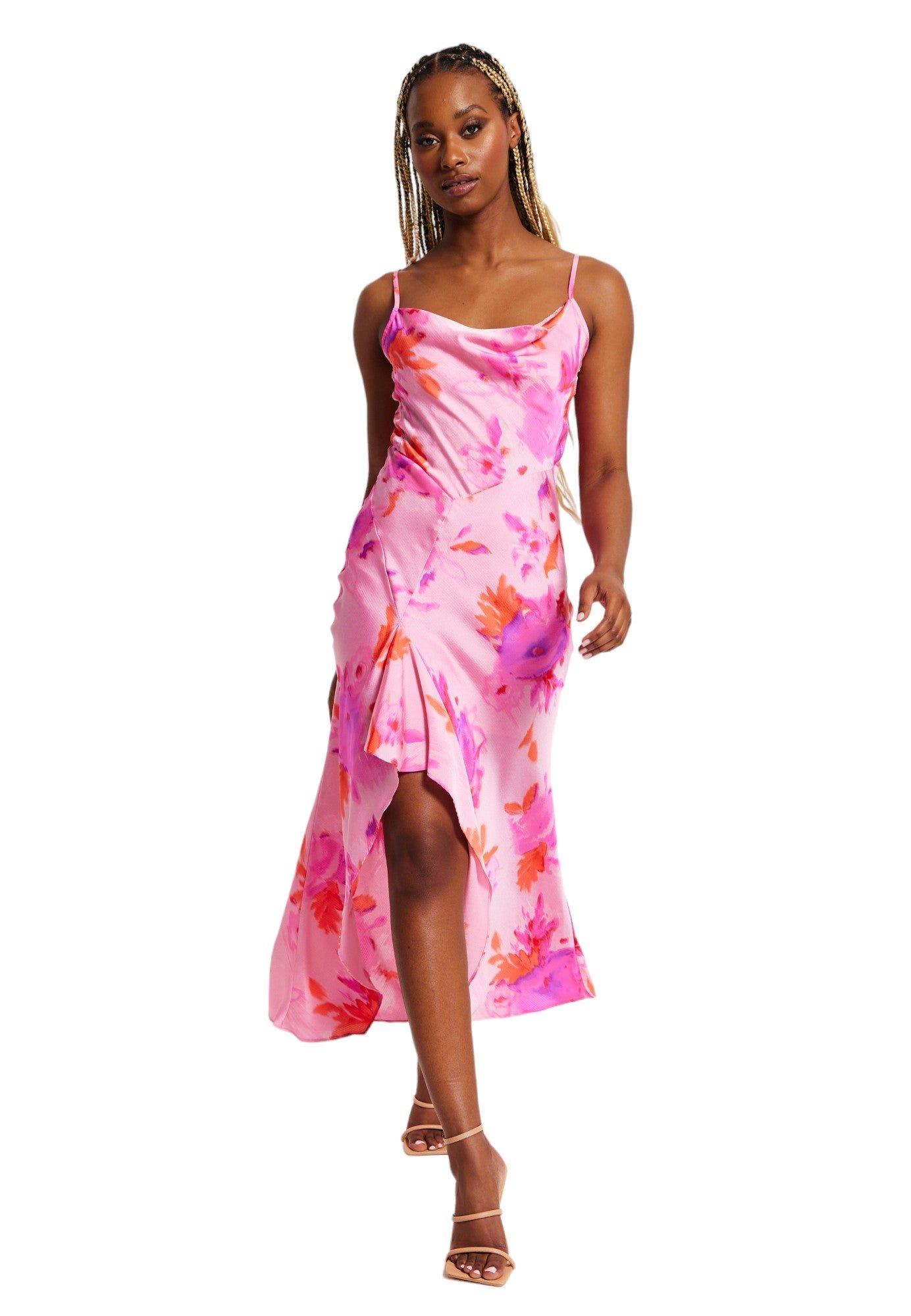 Cowl Neck Maxi Floral Print Dress in Pink