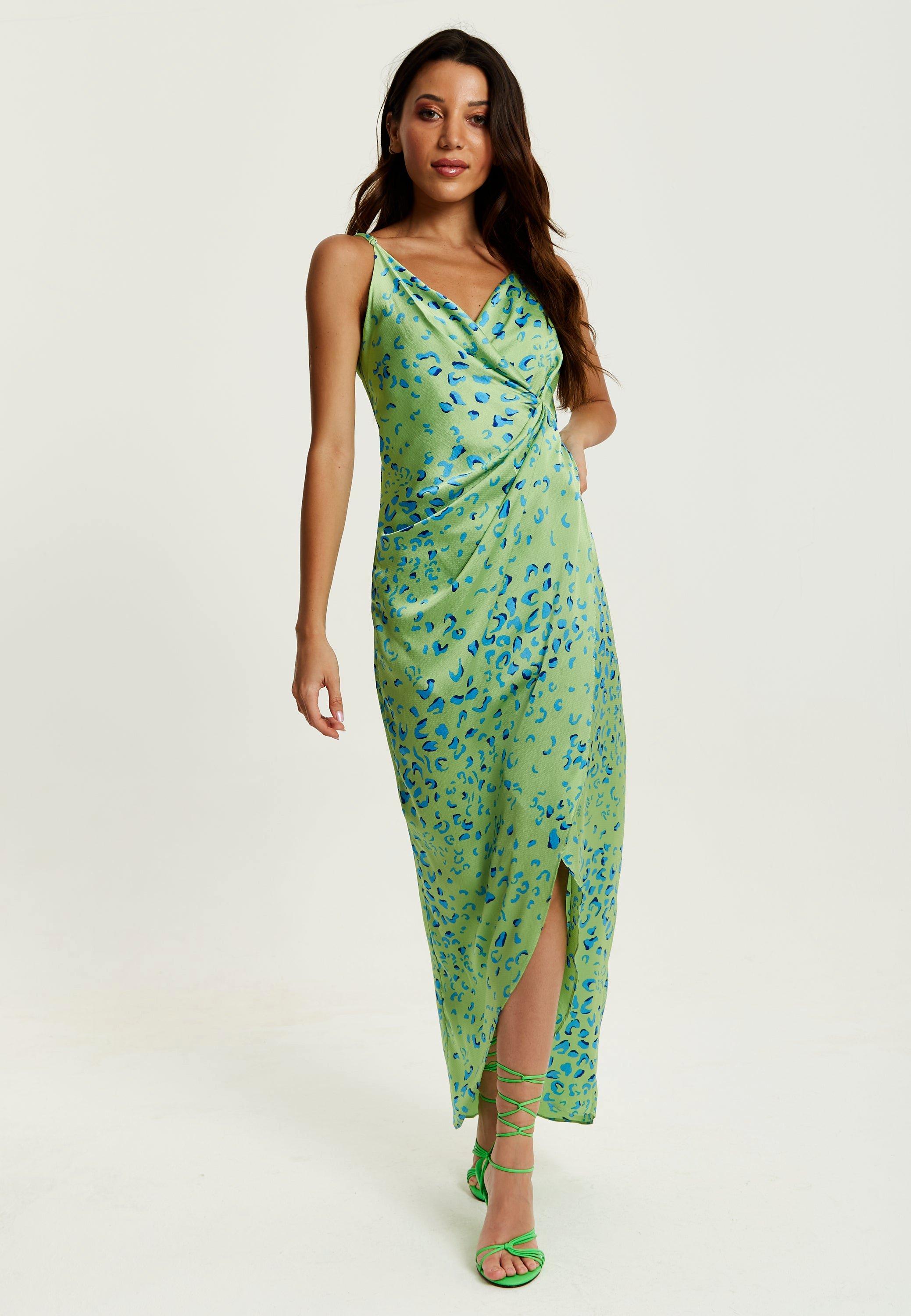 Animal Print Maxi Wrap Dress In Mint And Blue