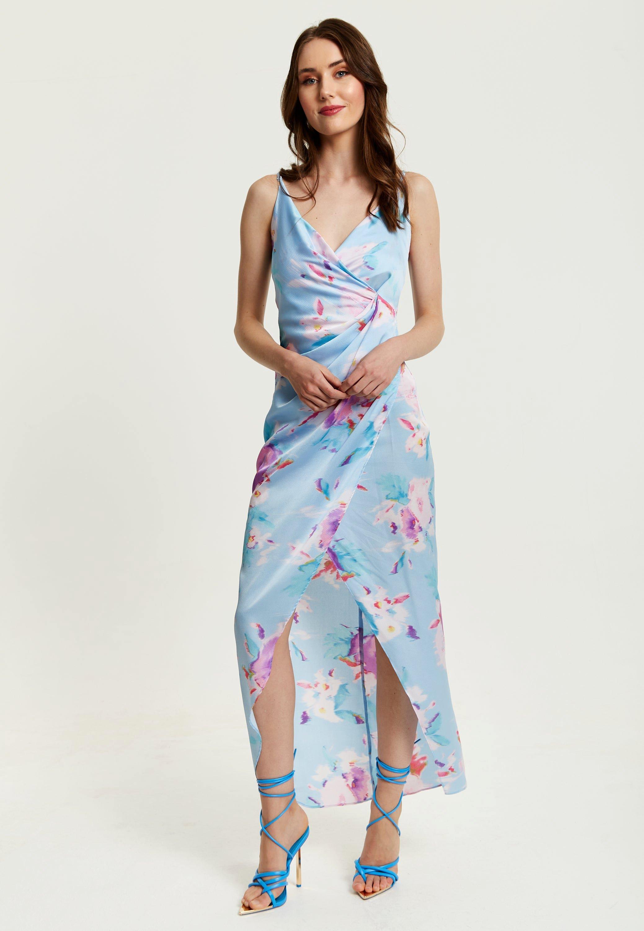 Floral Print Maxi Wrap Dress In Blue