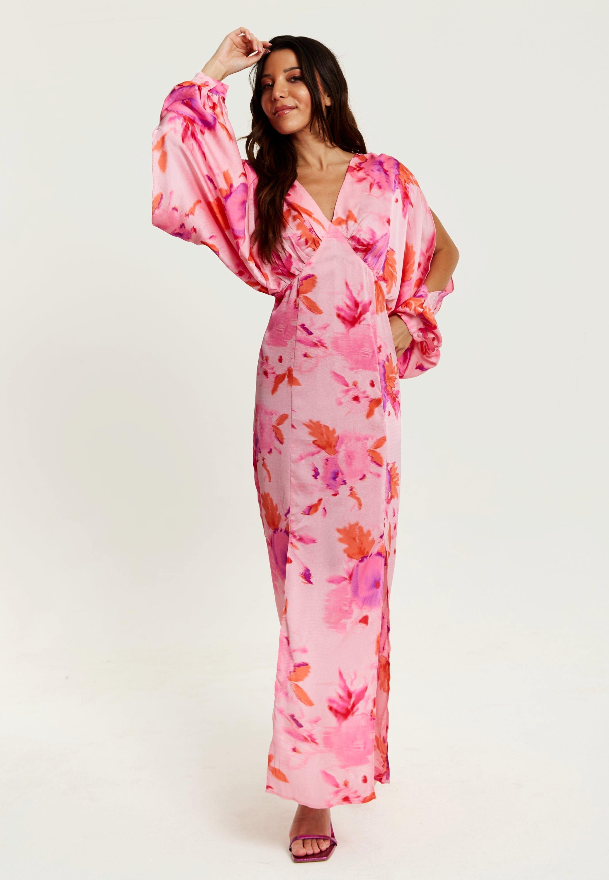 Floral Print Maxi Dress In Pink With Sleeve Slits