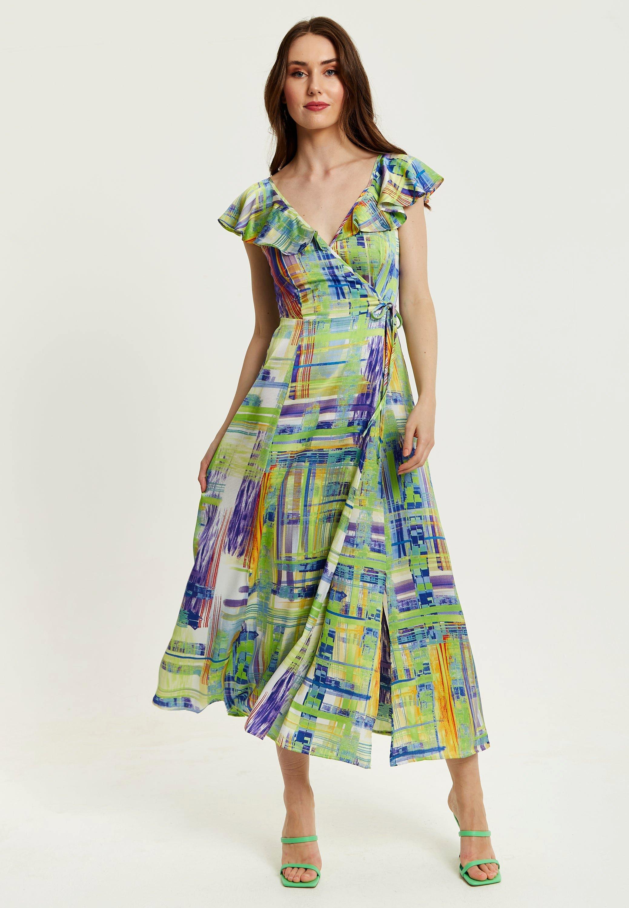 Abstract Print Maxi Wrap Dress In Sage And Purple
