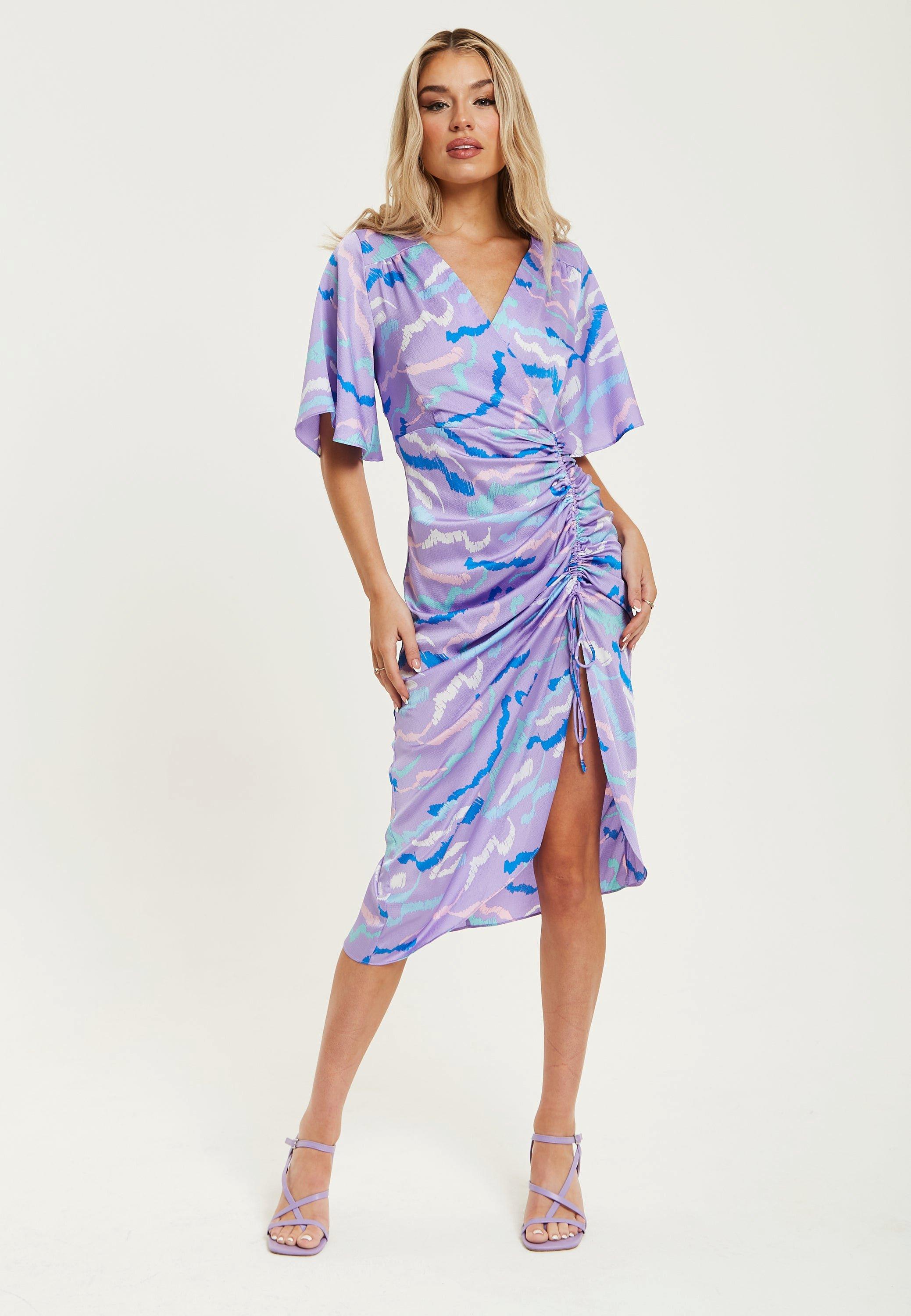 Midi Wrap Dress With Abstract Zebra Print in Lilac