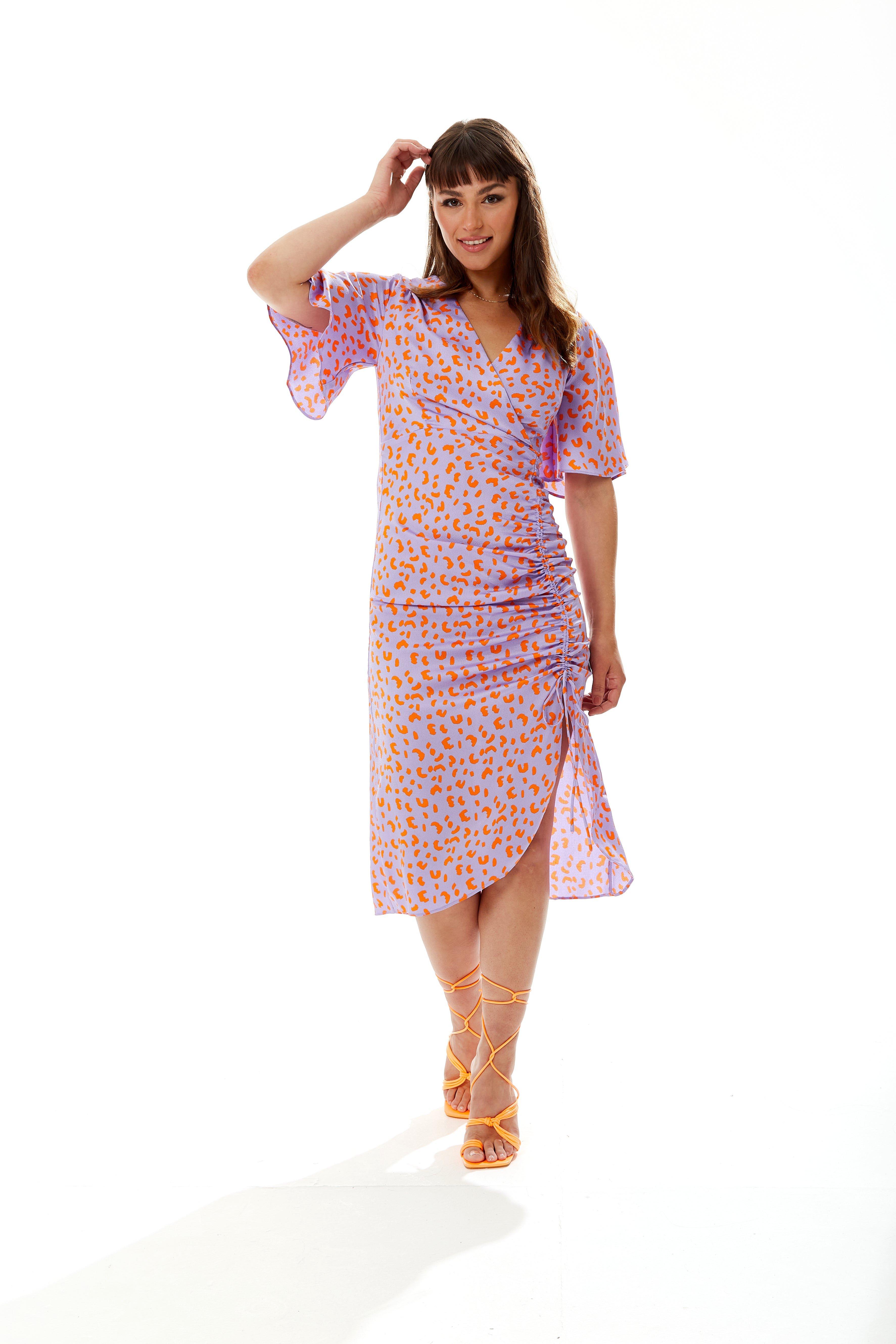 Midi Wrap Dress With Cheetah Print In Lilac and Orange