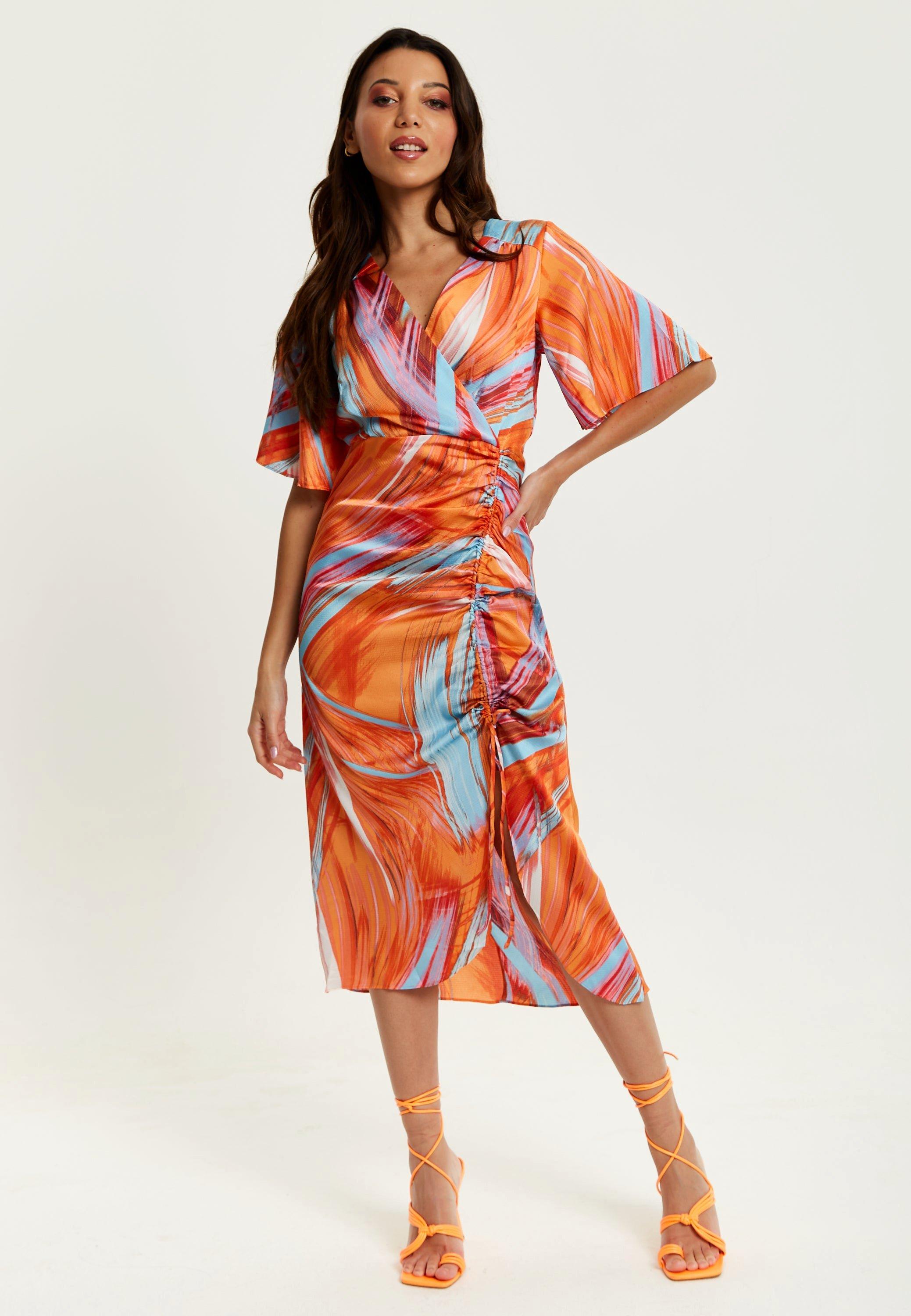 Rouching Detail Abstract Brush Stroke Print Midi Dress In Orange