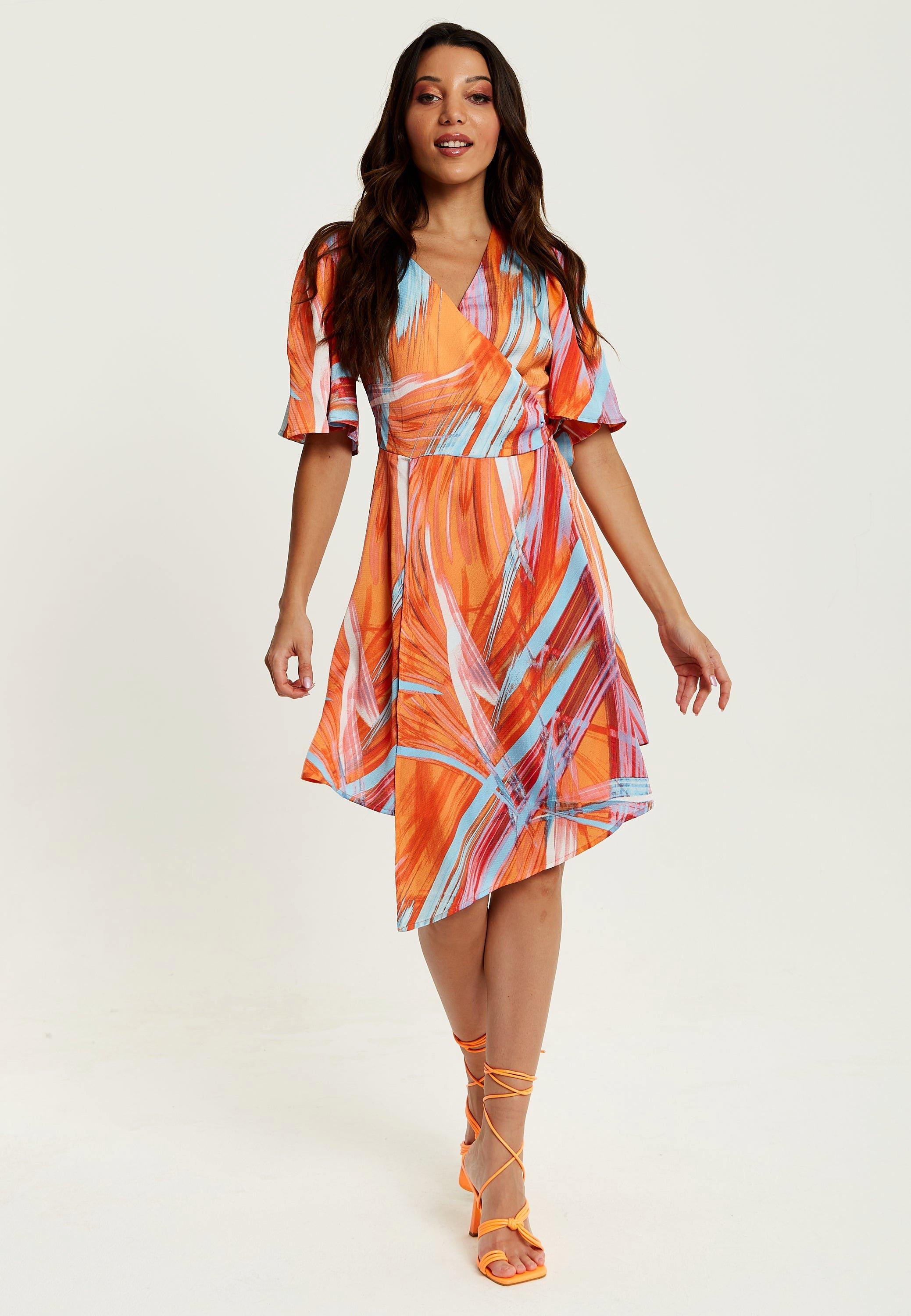 Mini Abstract Print Wrap Dress in Orange