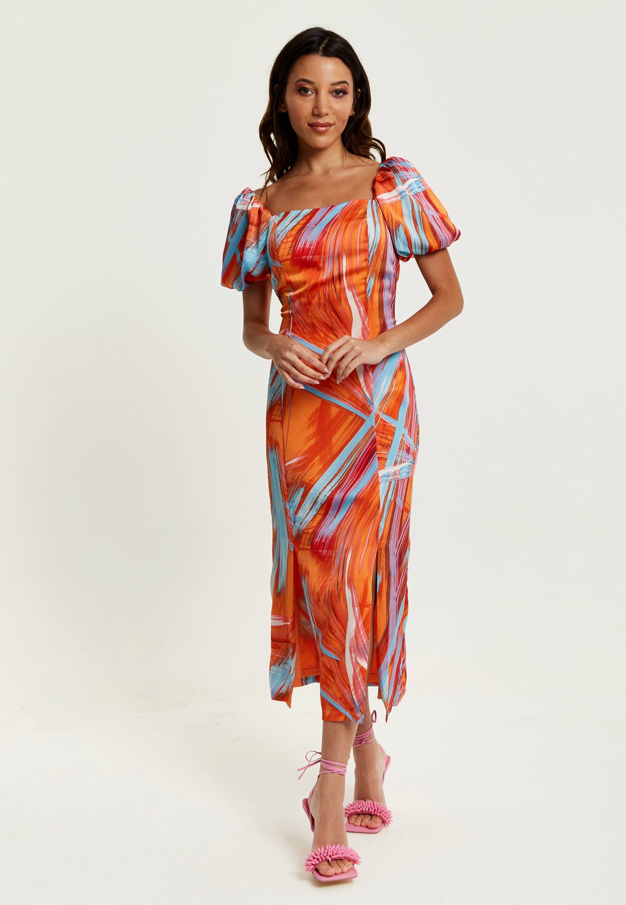 Abstract Print Midi Dress With a Square neck and Low Back in Orange
