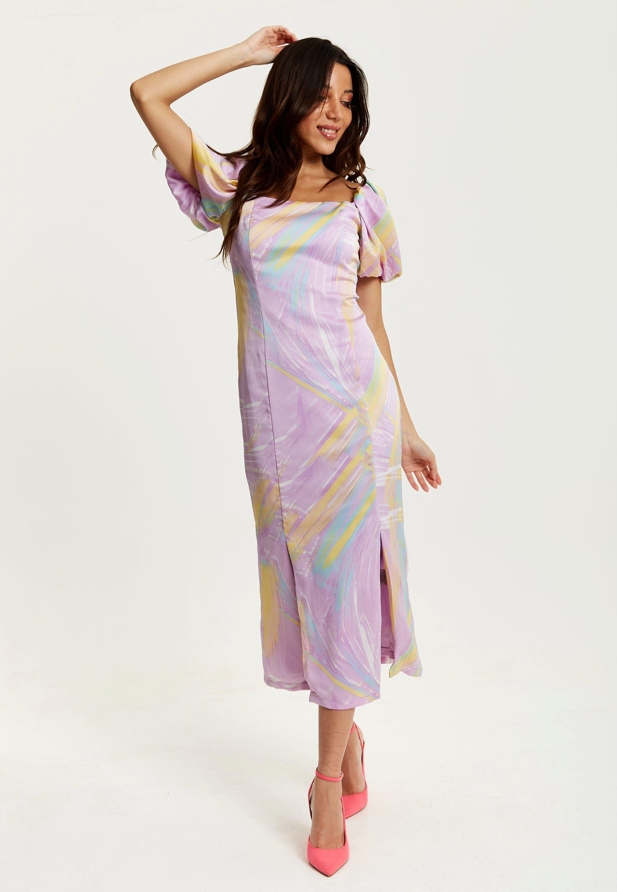 Midi Square Neck, Brush Stroke Print Dress In Lilac
