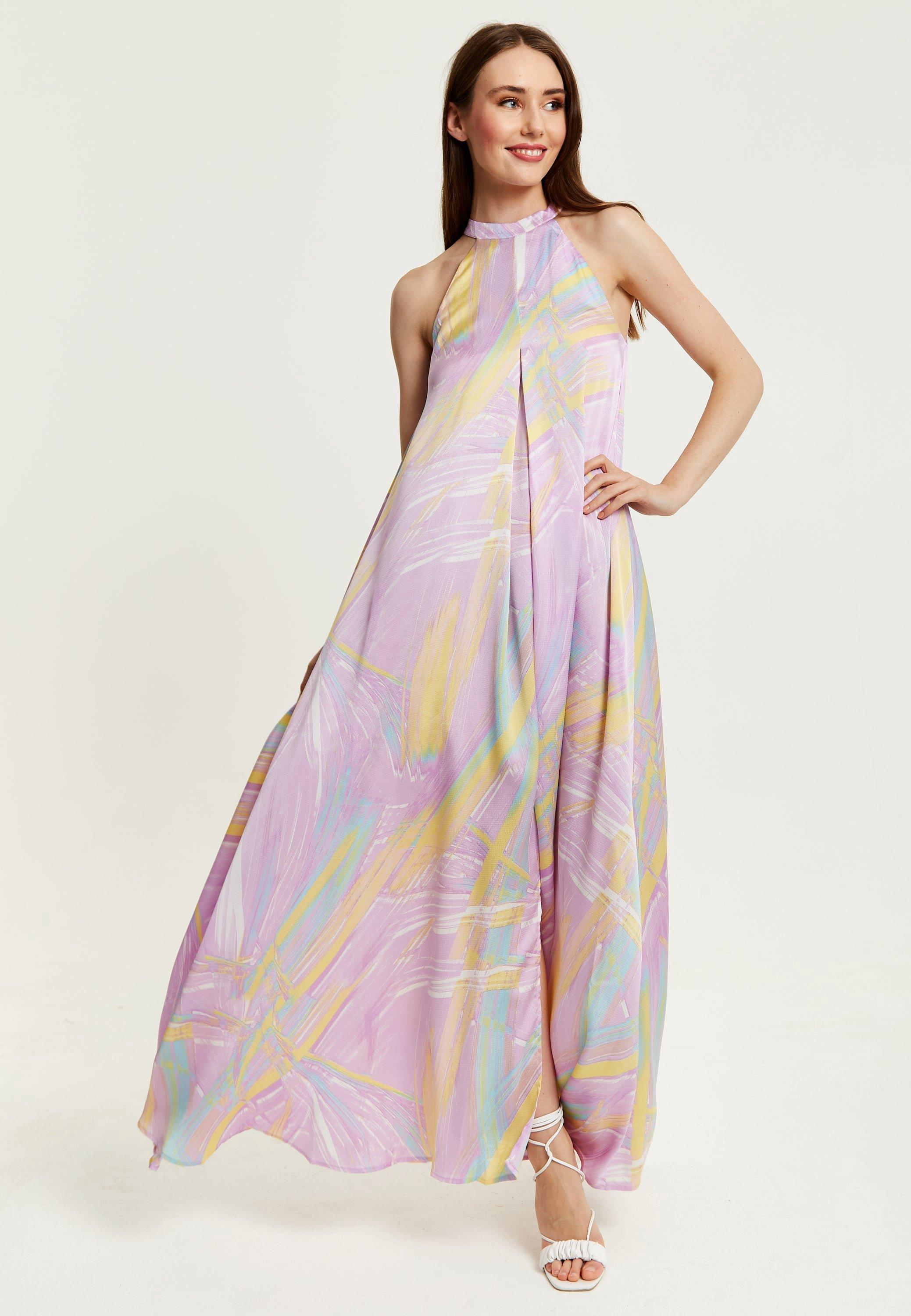 Abstract Print Maxi Dress with a High Neck in Lilac