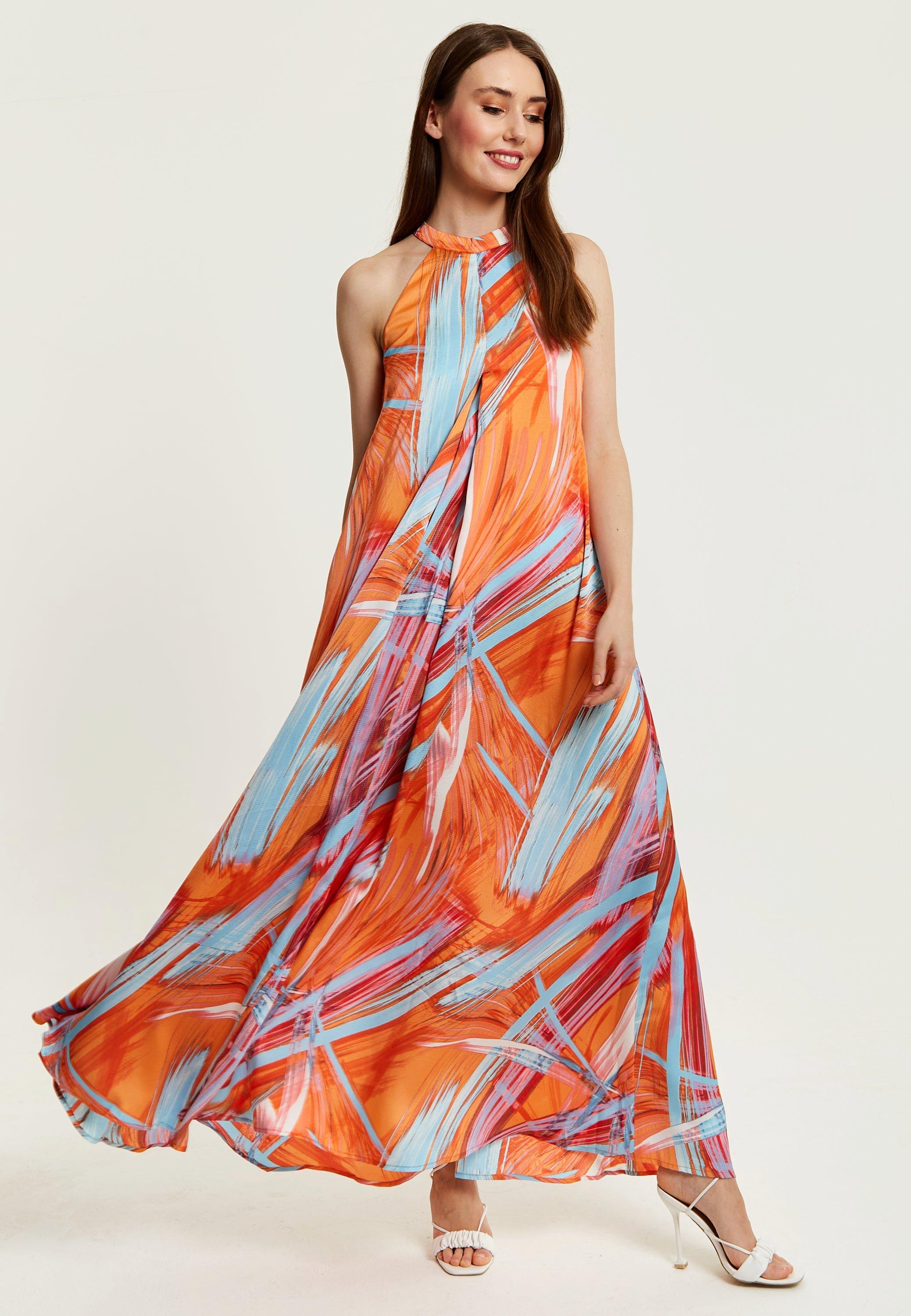 Maxi Abstract Print Dress With High Neck In Orange