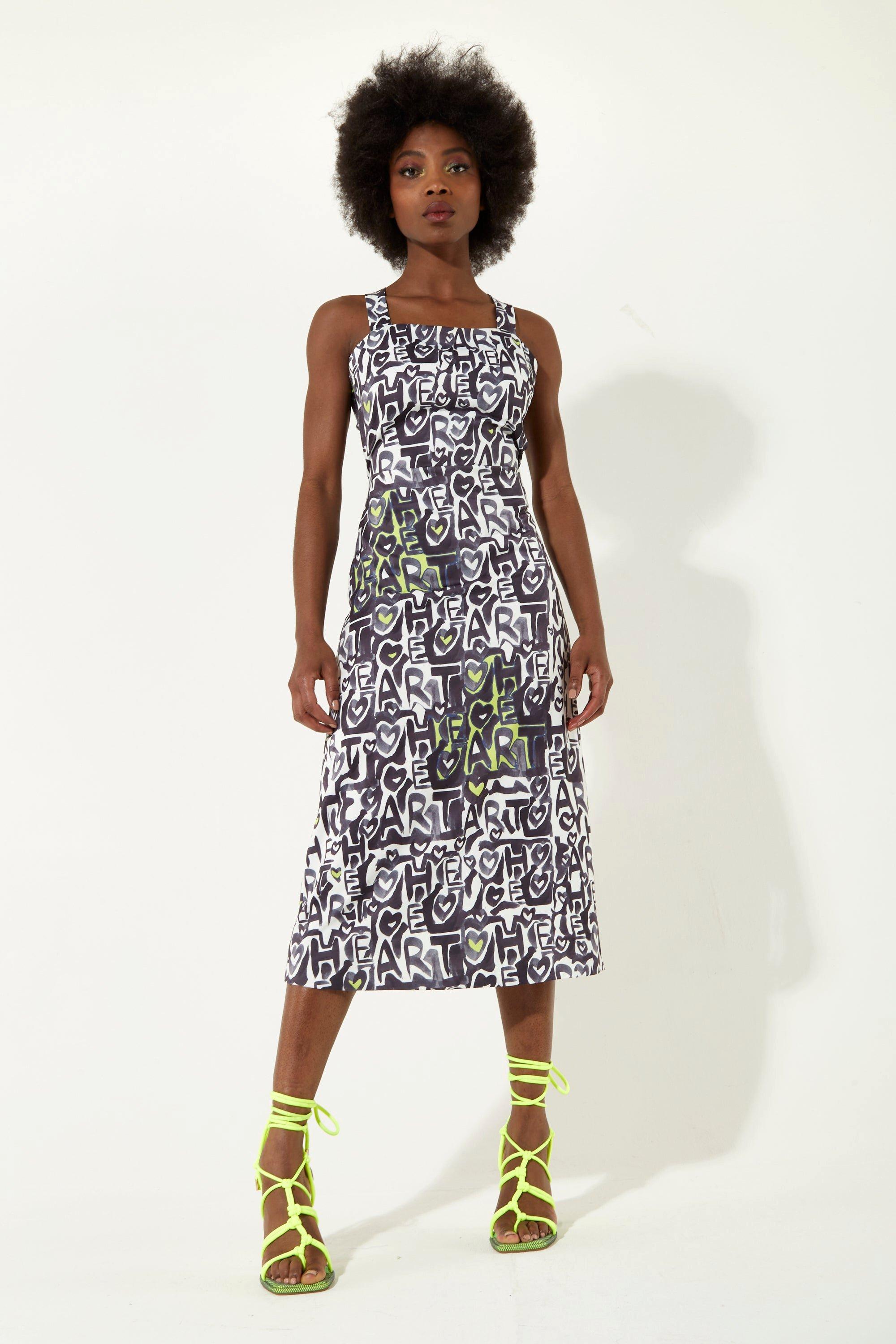 Abstract Print Midi Dress With An Open Crossed Back Detail