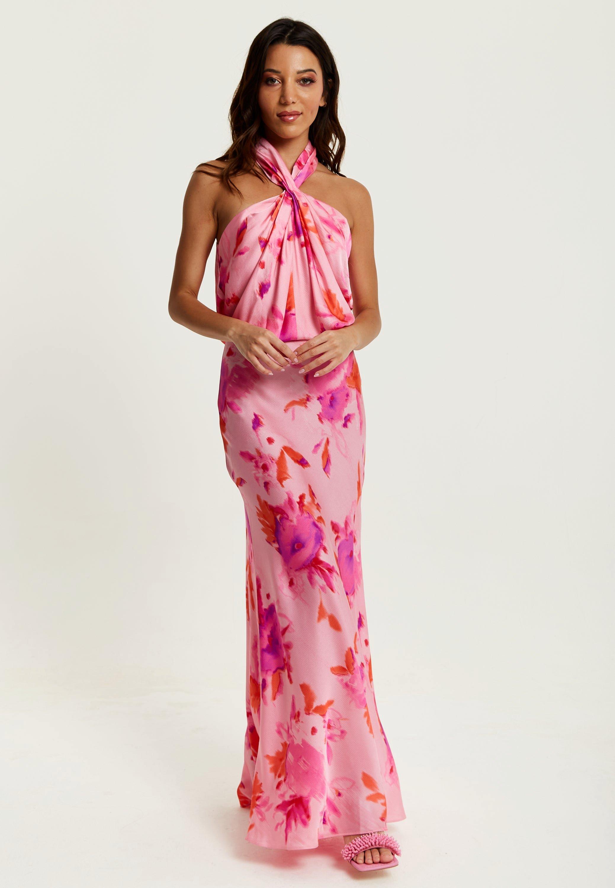 Halter Maxi Floral Print Dress In Pink
