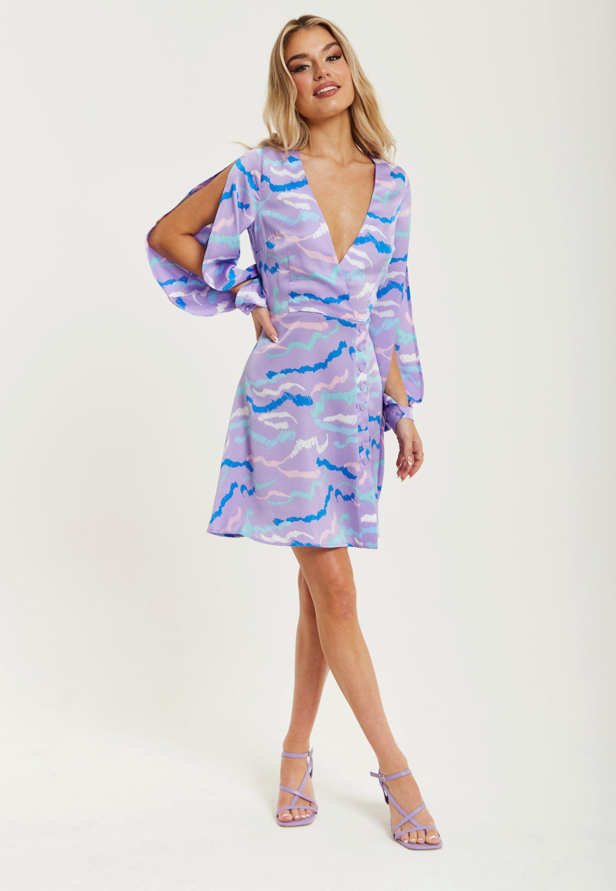 Abstract Zebra Print Mini Dress In Lilac with Slit Sleeves