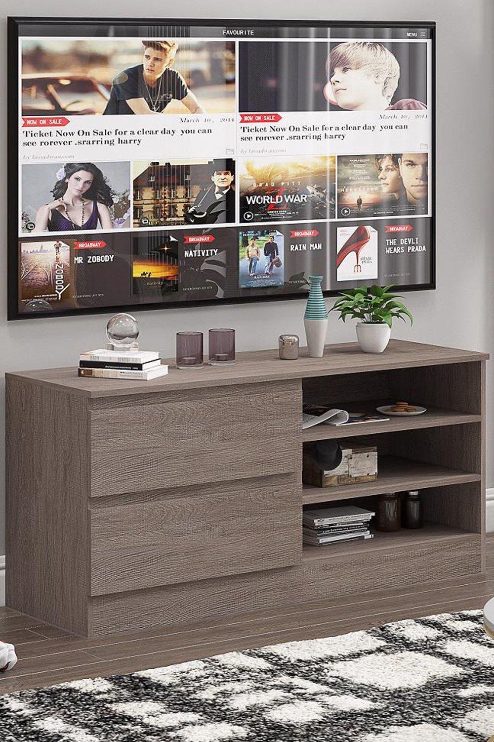 Large Rustic Oak TV Entertainment Unit With Drawer & Shelves