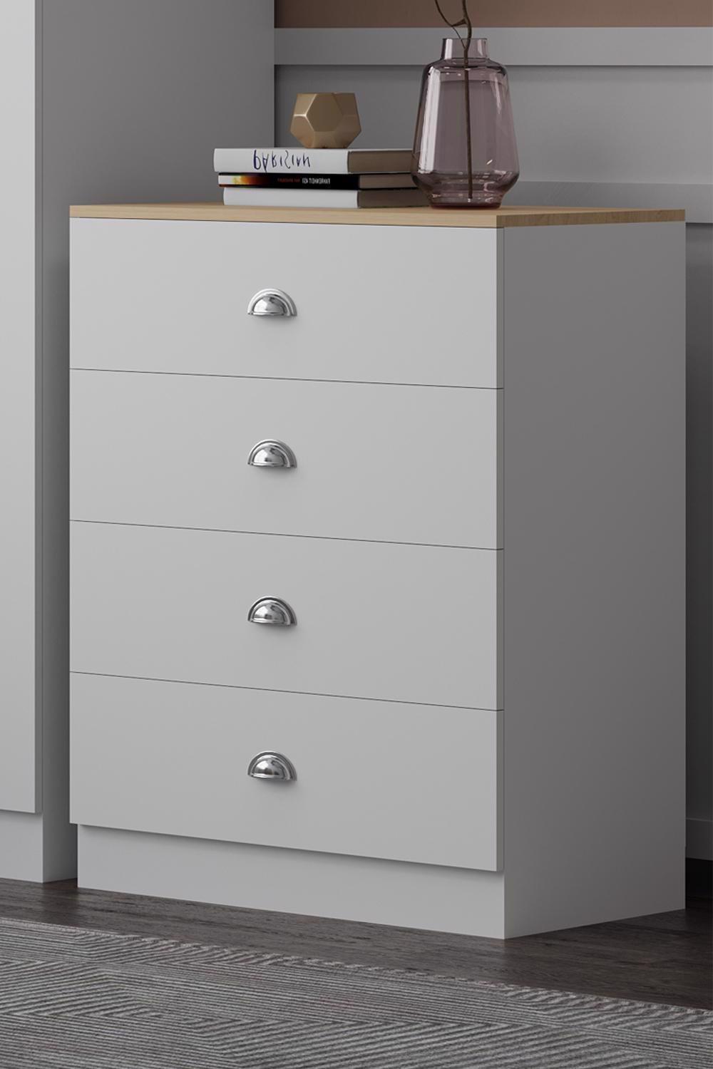 4 Drawer Chest Of Drawers Matt White Finish With Oak Top