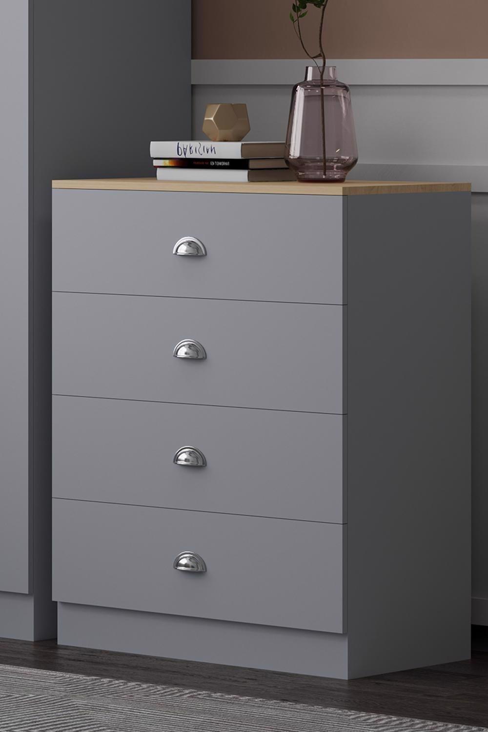 4 Drawer Chest Of Drawers Matt Grey Finish With Oak Top