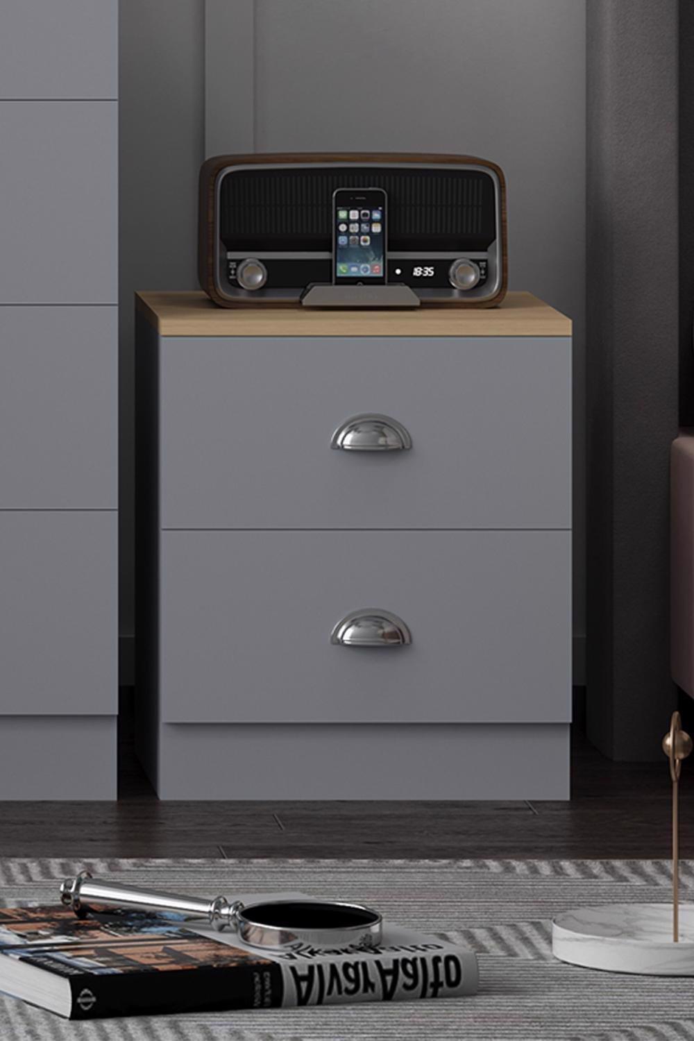 2 Drawer Bedside Grey Finish With Oak Top Esher