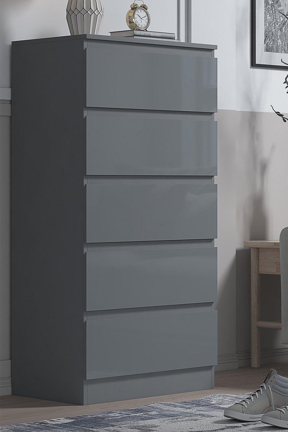 Tall Slim 5 Drawer High Gloss Grey Chest Of Drawers