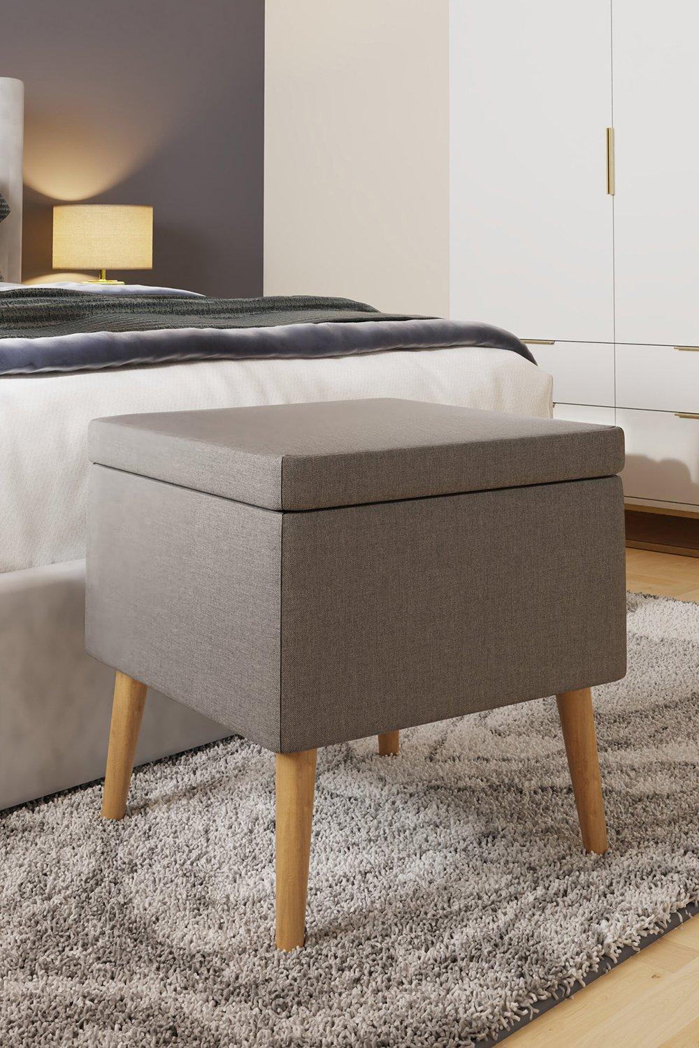 Grey Linen Ottoman Footstool Storage Seat With Solid Wooden Legs