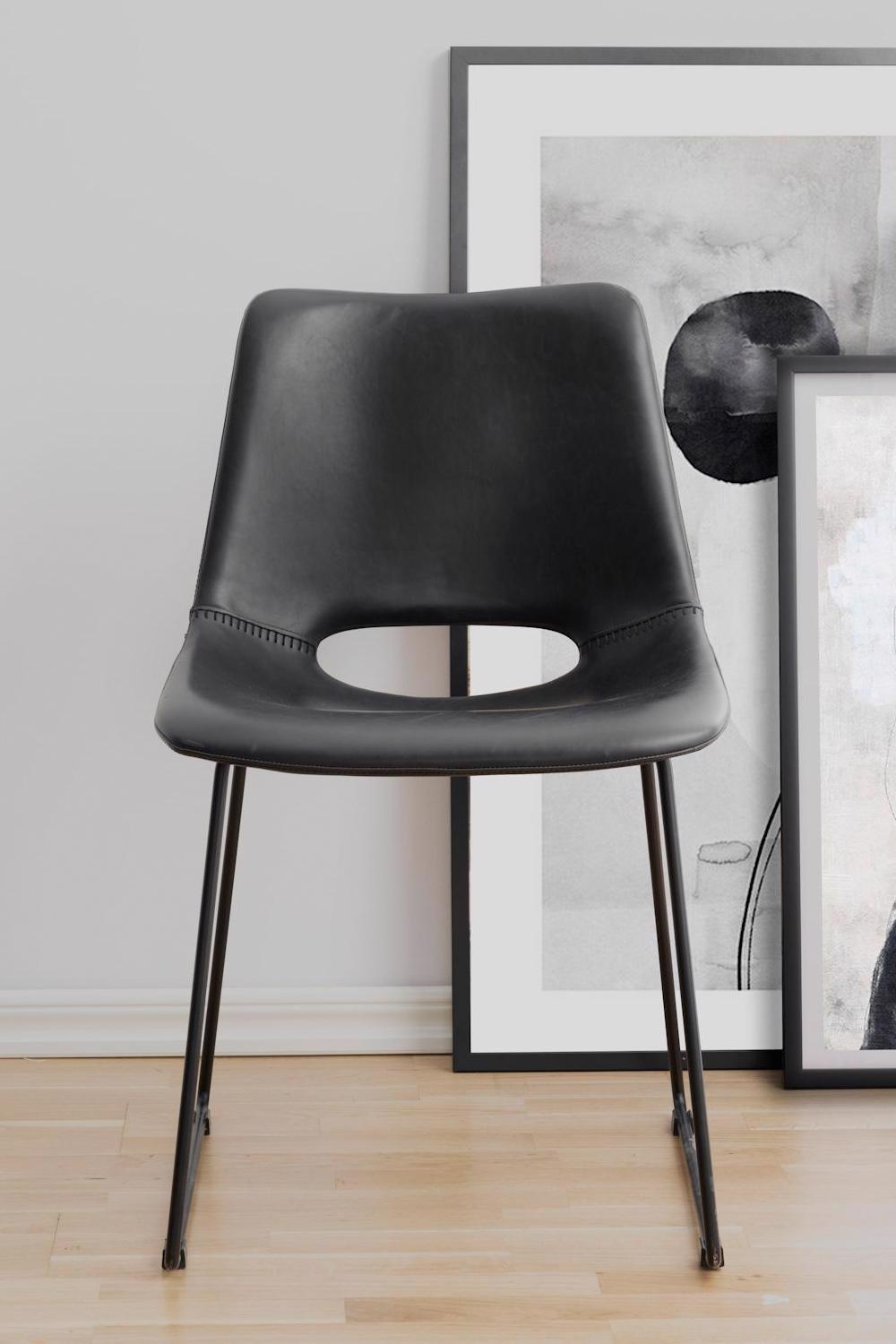 Pair Of Faux Leather Black Dining Chairs With Black Metal Frame Legs