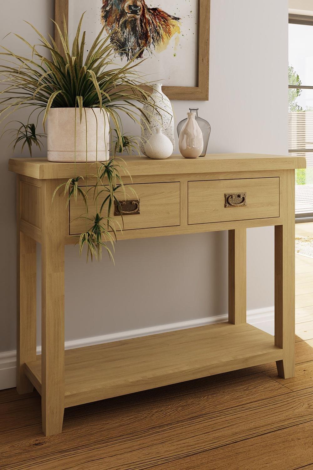 Solid Natural Oak 2 Drawer Console Table