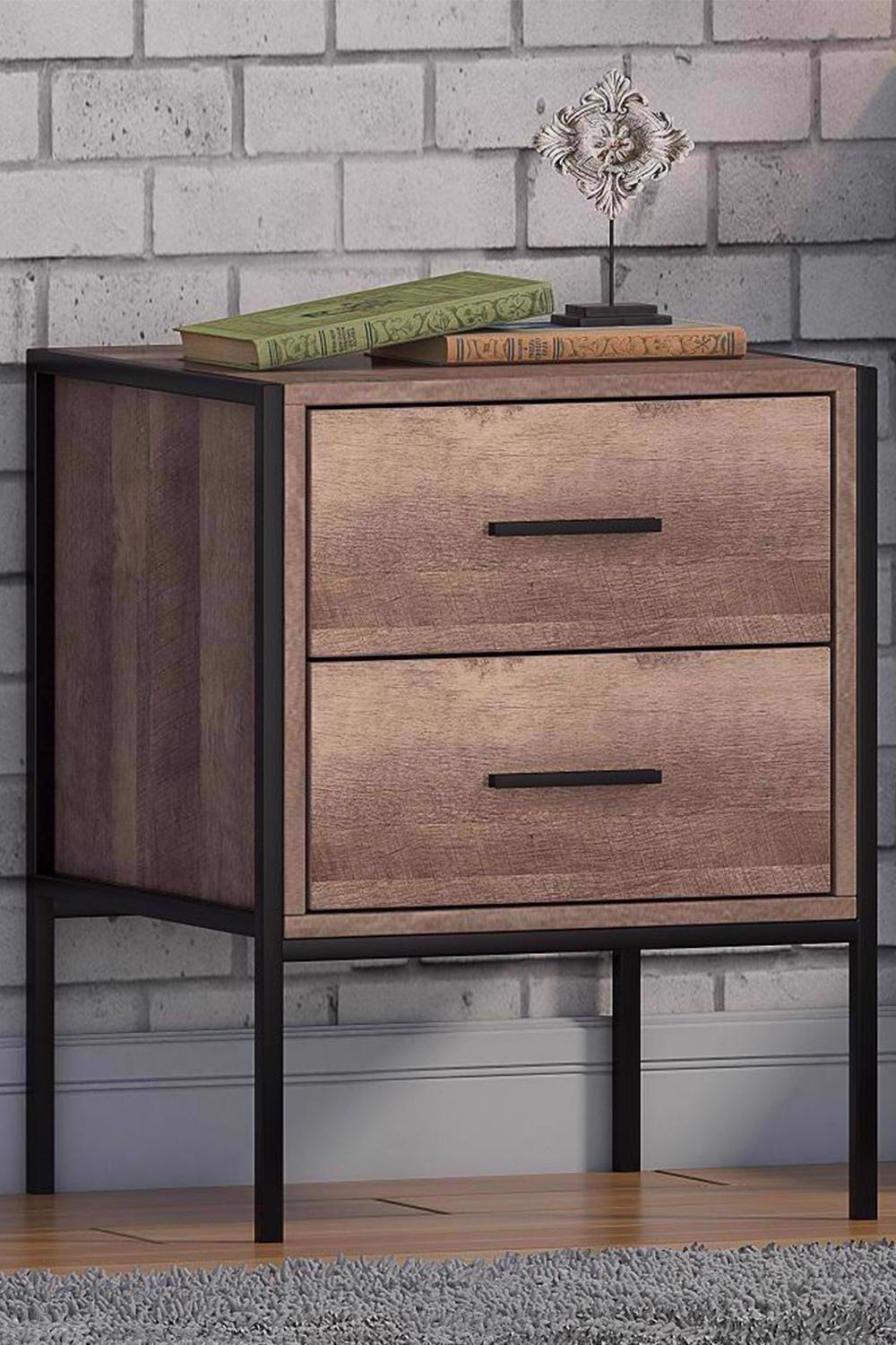 Industrial Inspired 2 Drawer Bedside Table Nightstand