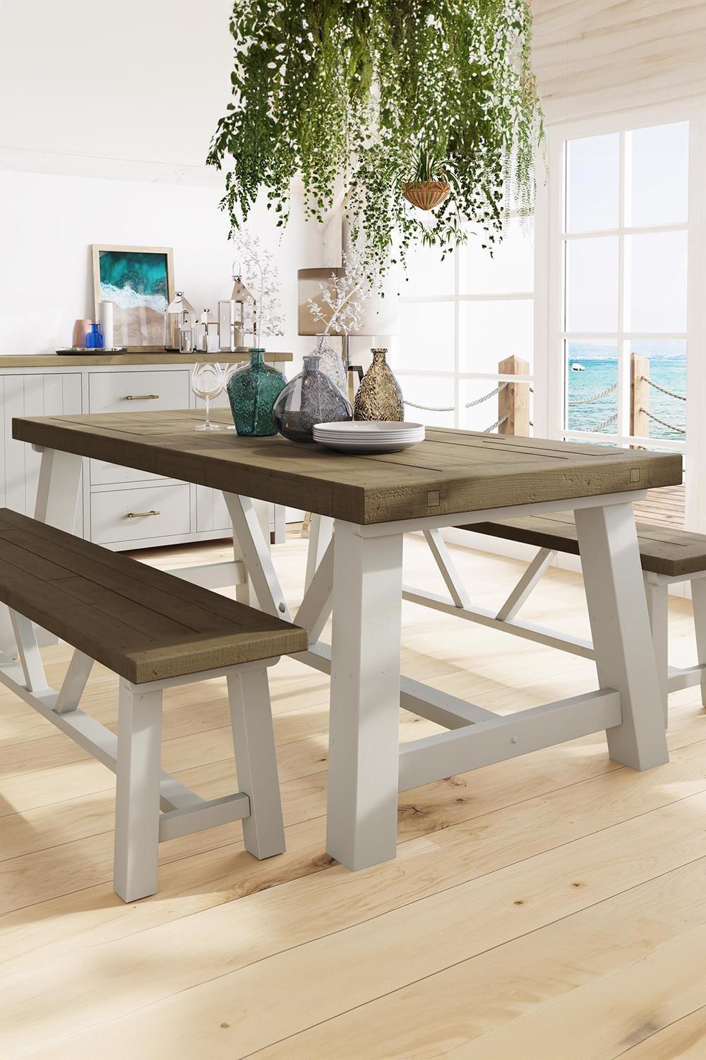 2M Solid Reclaimed Pine Truffle Finish Dining Table With 2 Free Extension Leafs