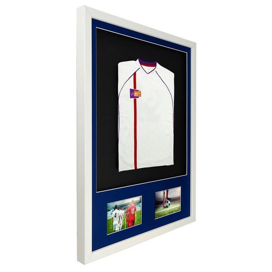 Vivarti 3D + Double Aperture Mounted Sports Shirt Display Frame with Gloss White Frame and Blue Mount 50 x 70cm 3