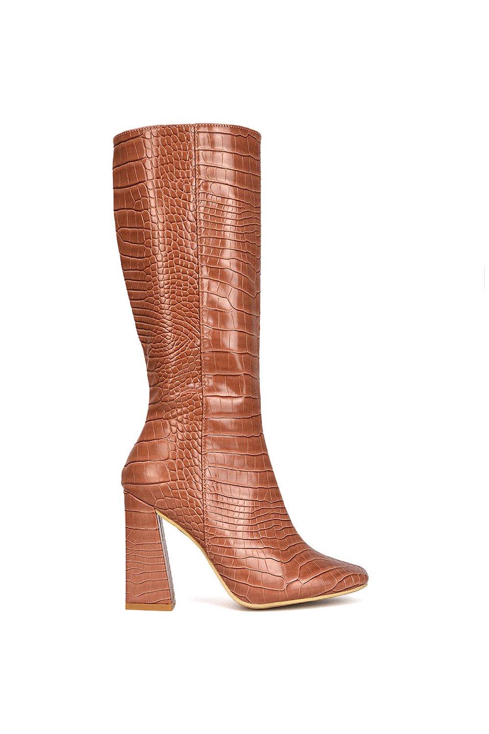 'mina' mid-calf heeled boots croc print