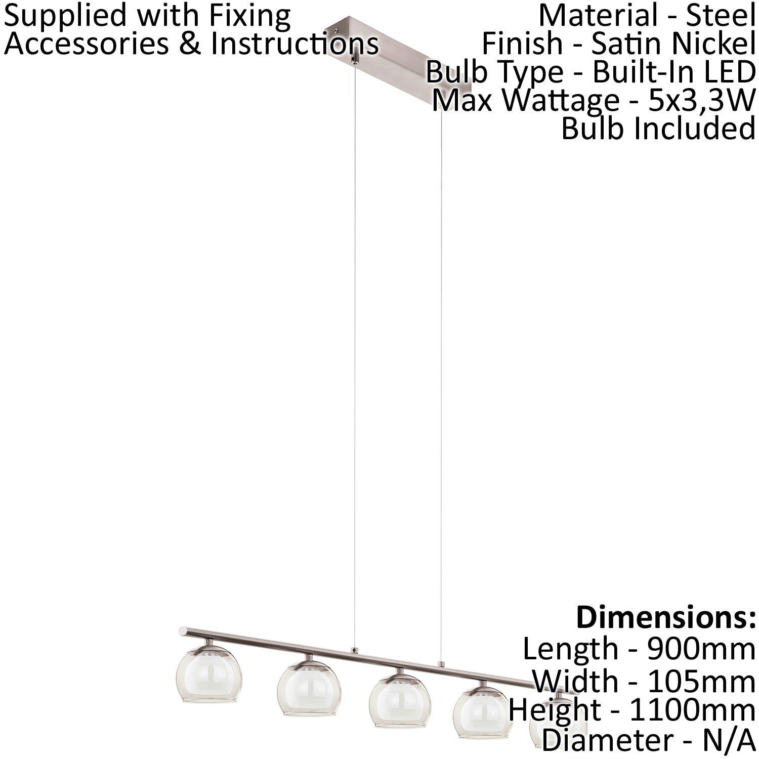 Pendant Light Satin Nickel Amber White Glass Satin Glass Shade Bulb LED 5x3.3W
