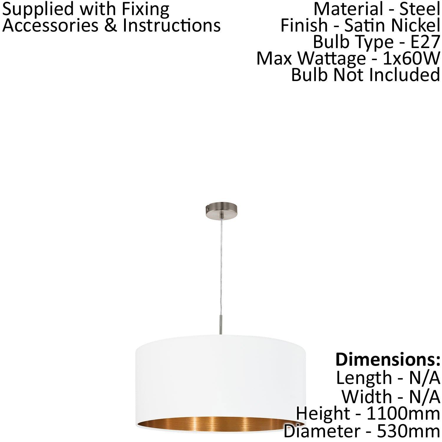 Pendant Light Colour Satin Nickel Shade White Copper Fabric Bulb E27 1x60W