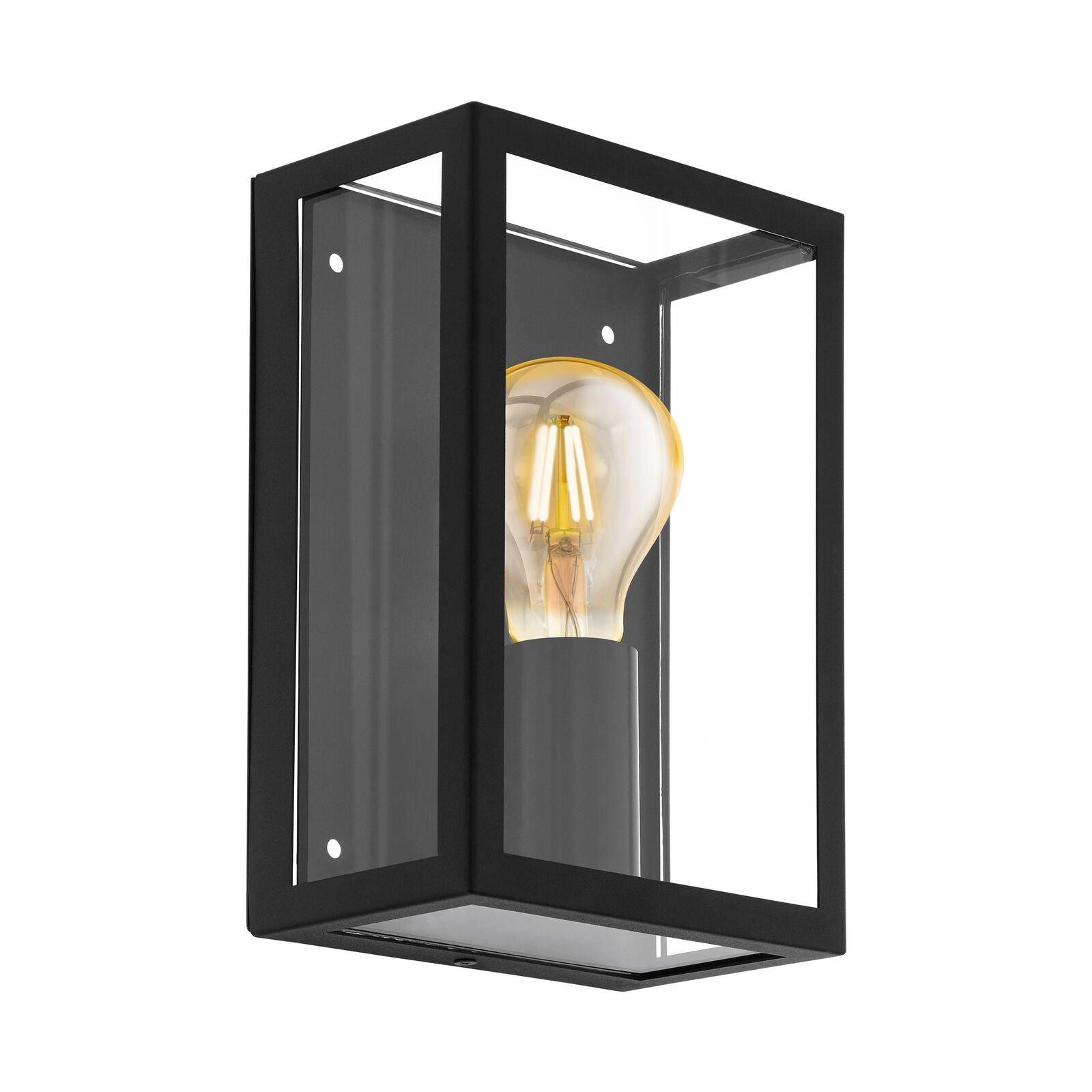 IP44 Outdoor Wall Light Black & Glass Box 1 x 60W E27 Bulb Porch Lamp