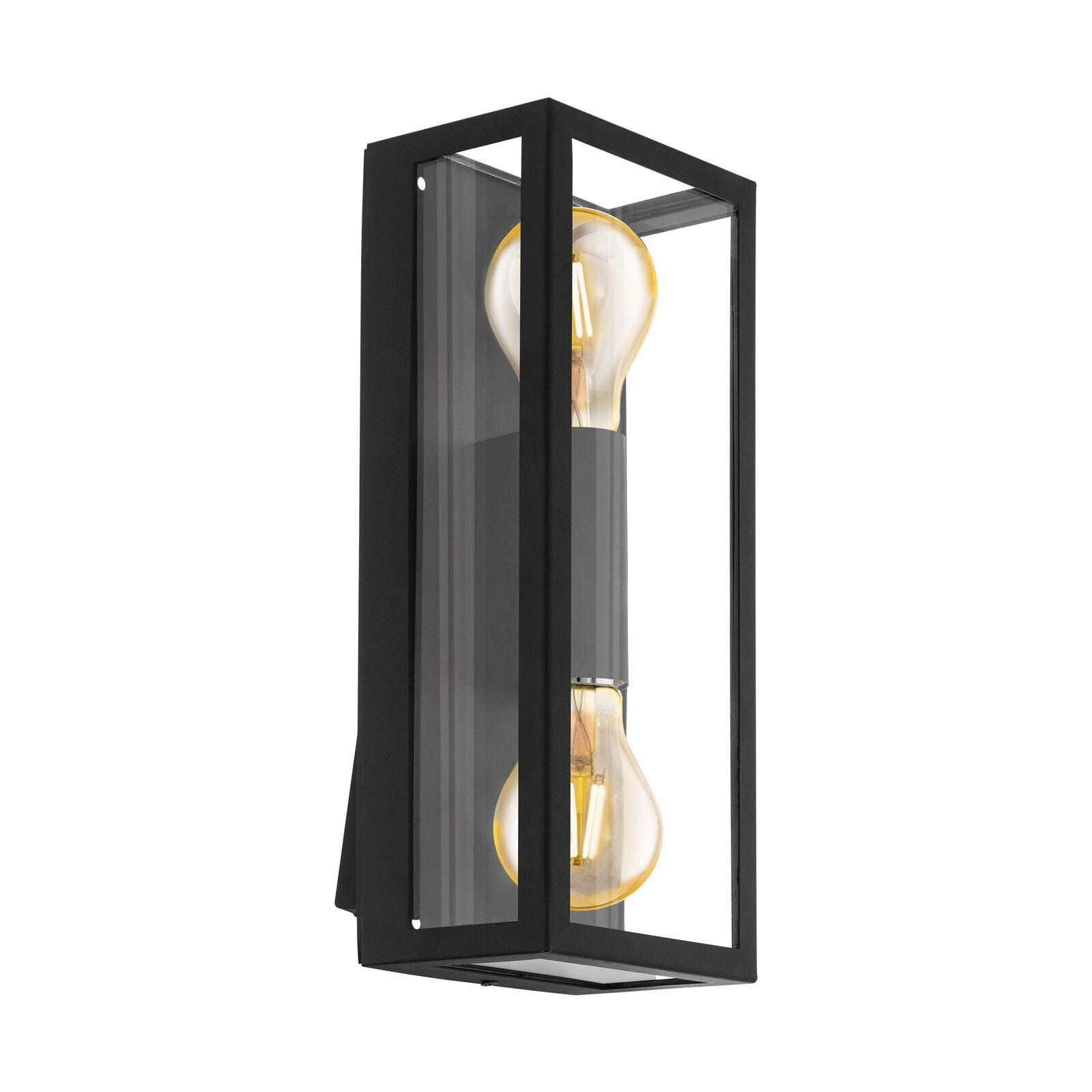 IP44 Outdoor Wall Light Black & Square Glass shade 2x 60W E27 Bulb Porch Lamp
