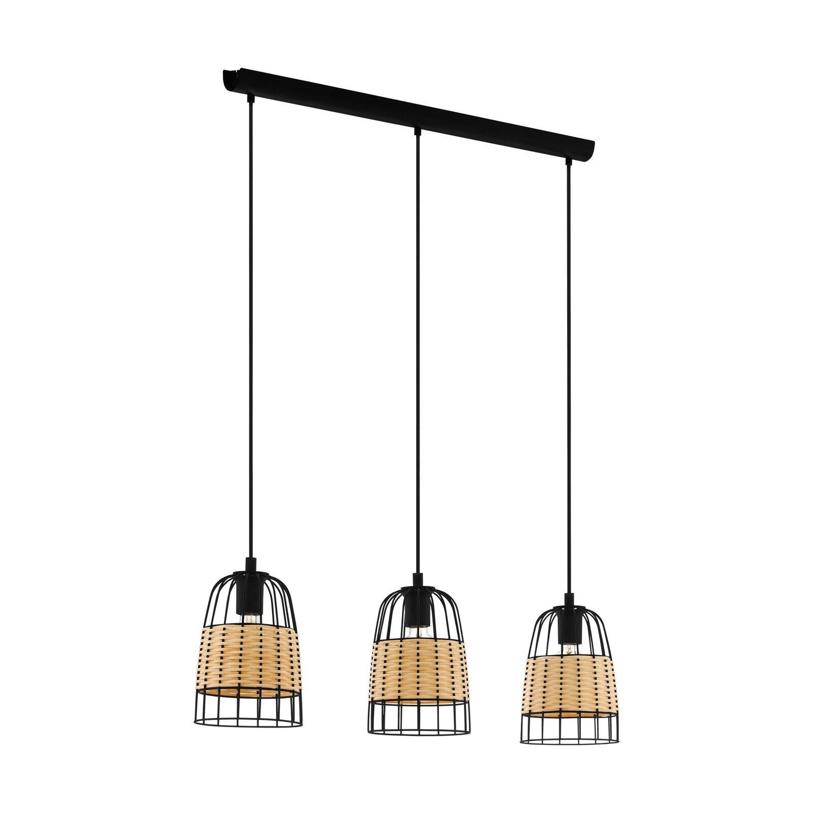 Hanging Ceiling Pendant Light Black & Wicker 3x 40W E27 Hallway Feature Lamp