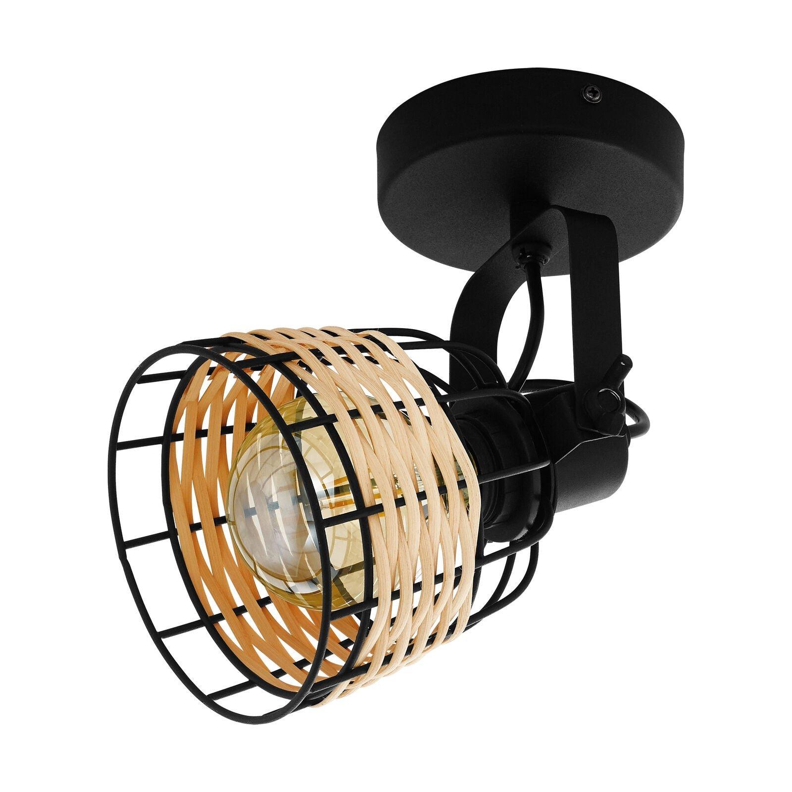 Wall / Ceiling Light Black & Wicker Adjustable Spotlight 1 x 40W E27 Bulb