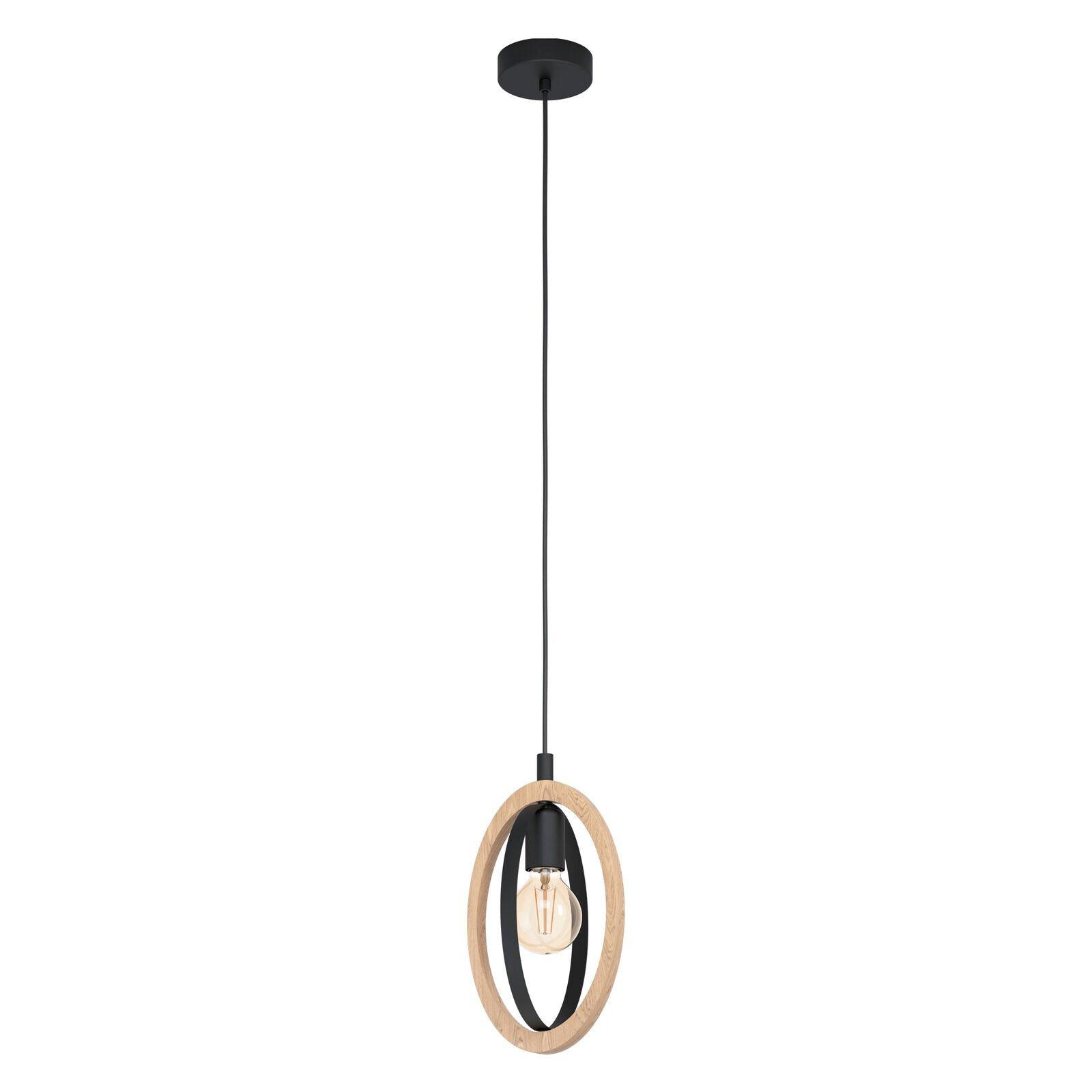 Hanging Ceiling Pendant Light Black & Wood Hoop Shade 1 x 40W E27 Bulb