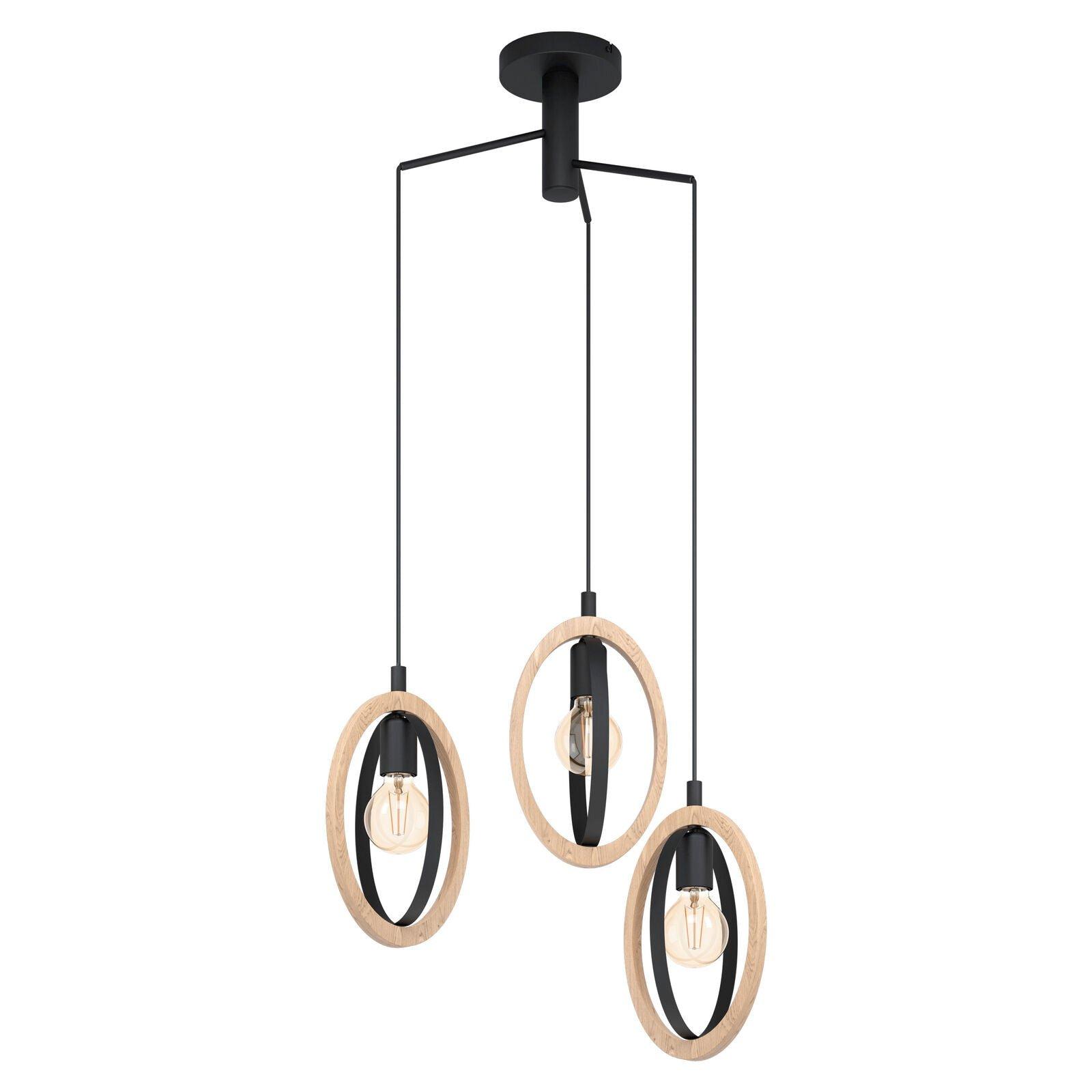 Hanging Ceiling Pendant Light Black & Wood Hoop Shade 3x 40W E27 Bulb