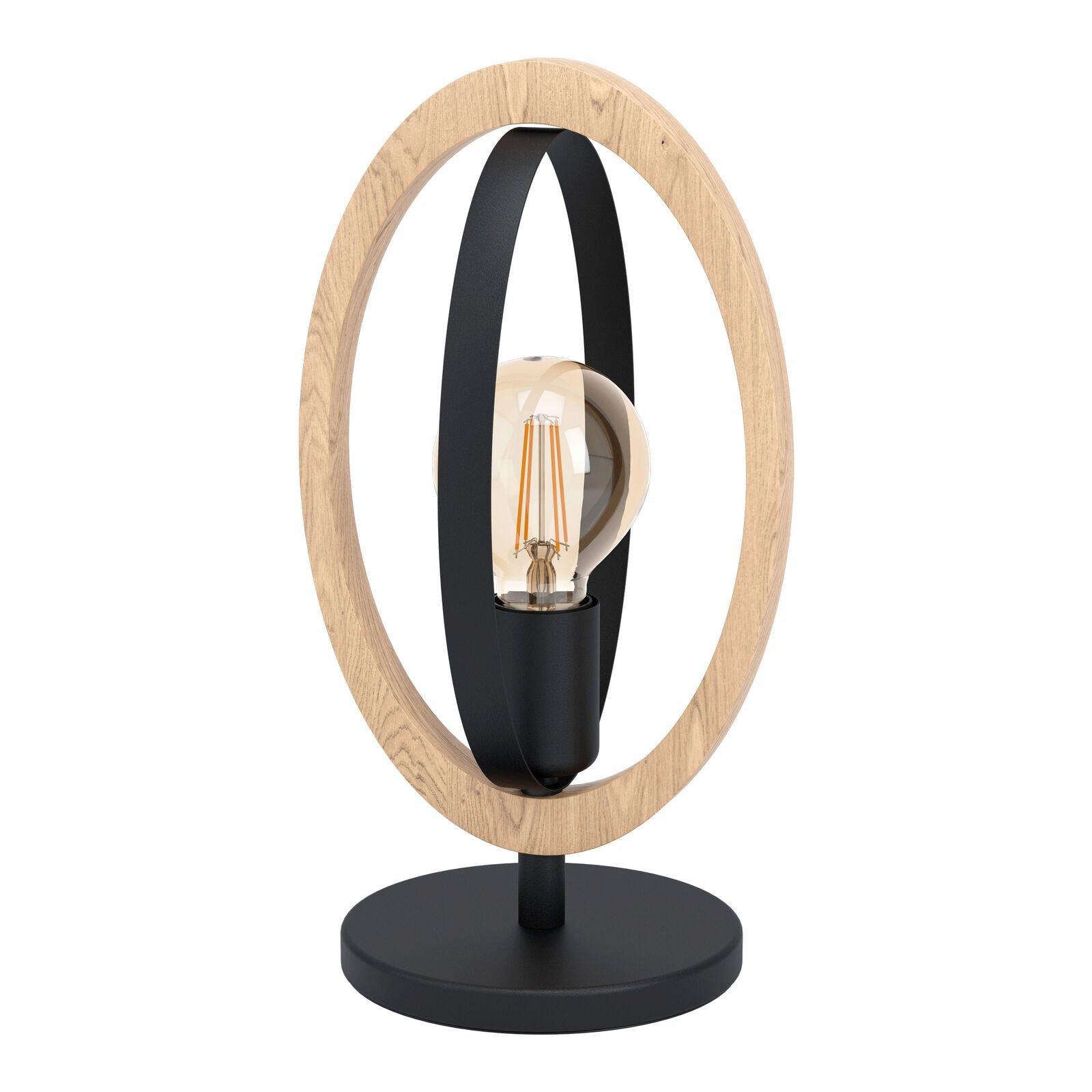 Table Lamp Desk Light Black Steel & Wood Ring Loop Shade 1 x 40W E27 Bulb