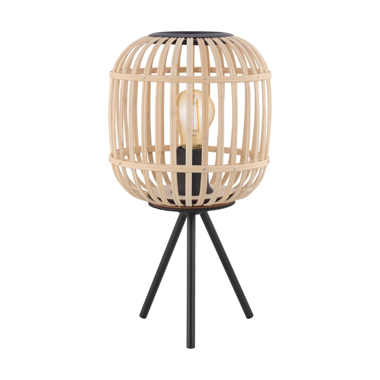 Table Lamp Desk Light Black Tripod & Round Wood Cage Shade 1 x 28W E27 Bulb